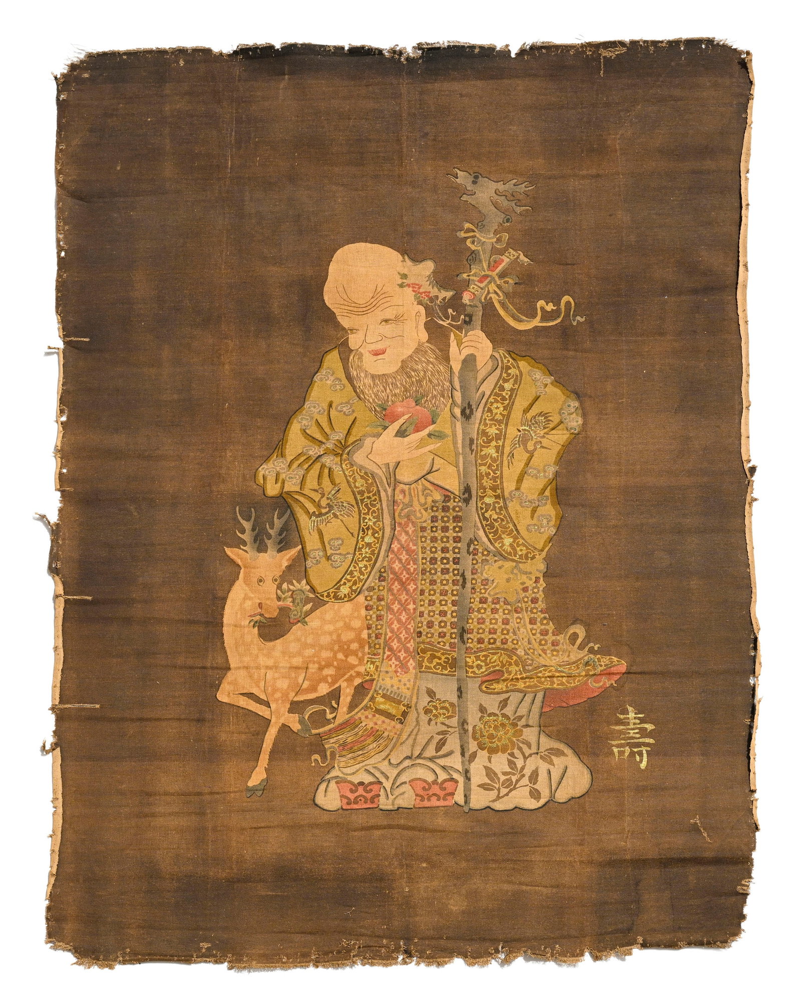 Shoulao, grande broderie, Chine, XIX-XXe s., le dieu de la longévité tenant un bâton,: Shoulao, grande broderie, Chine, XIX-XXe s., le dieu de la longévité tenant un bâton, accompagné de son daim, caractère shou ("longévité"), env. 177x130 cm A large