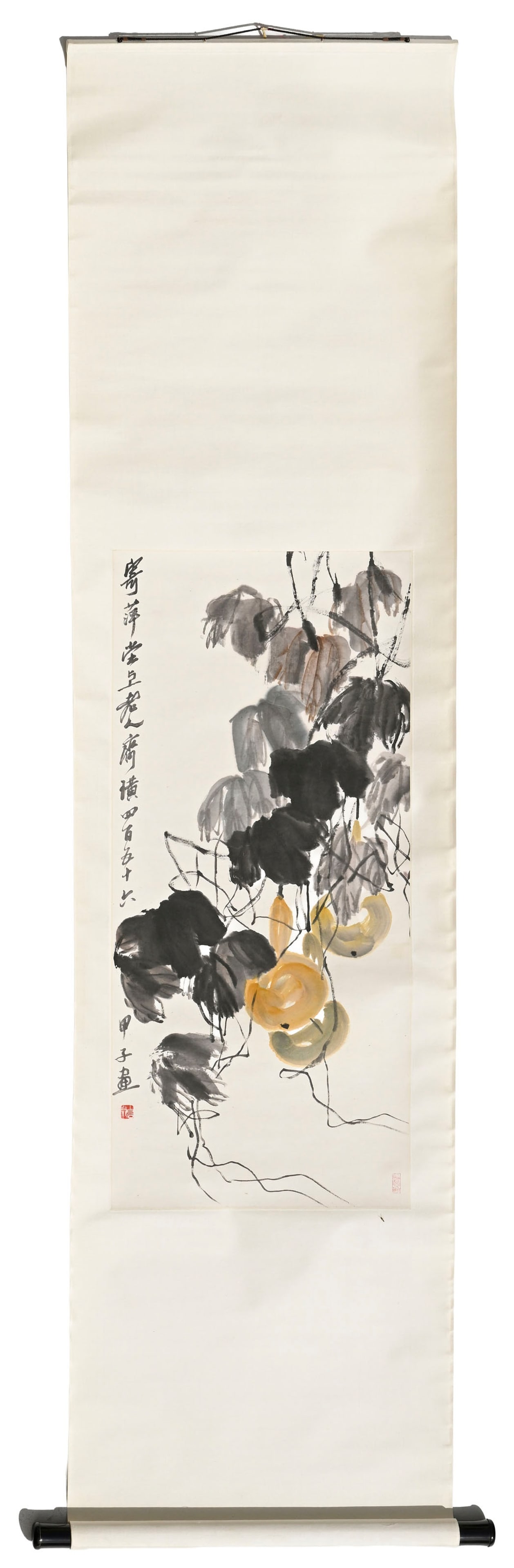 Gourdes, peinture sur papier, XXe s., portant une signature Qi Baishi (齊白石, 186: Gourdes, peinture sur papier, XXe s., portant une signature Qi Baishi (齊白石, 1864–1957), datée 1938 selon l'inscription, avec un sceau de collection d'Edward T. Chow,