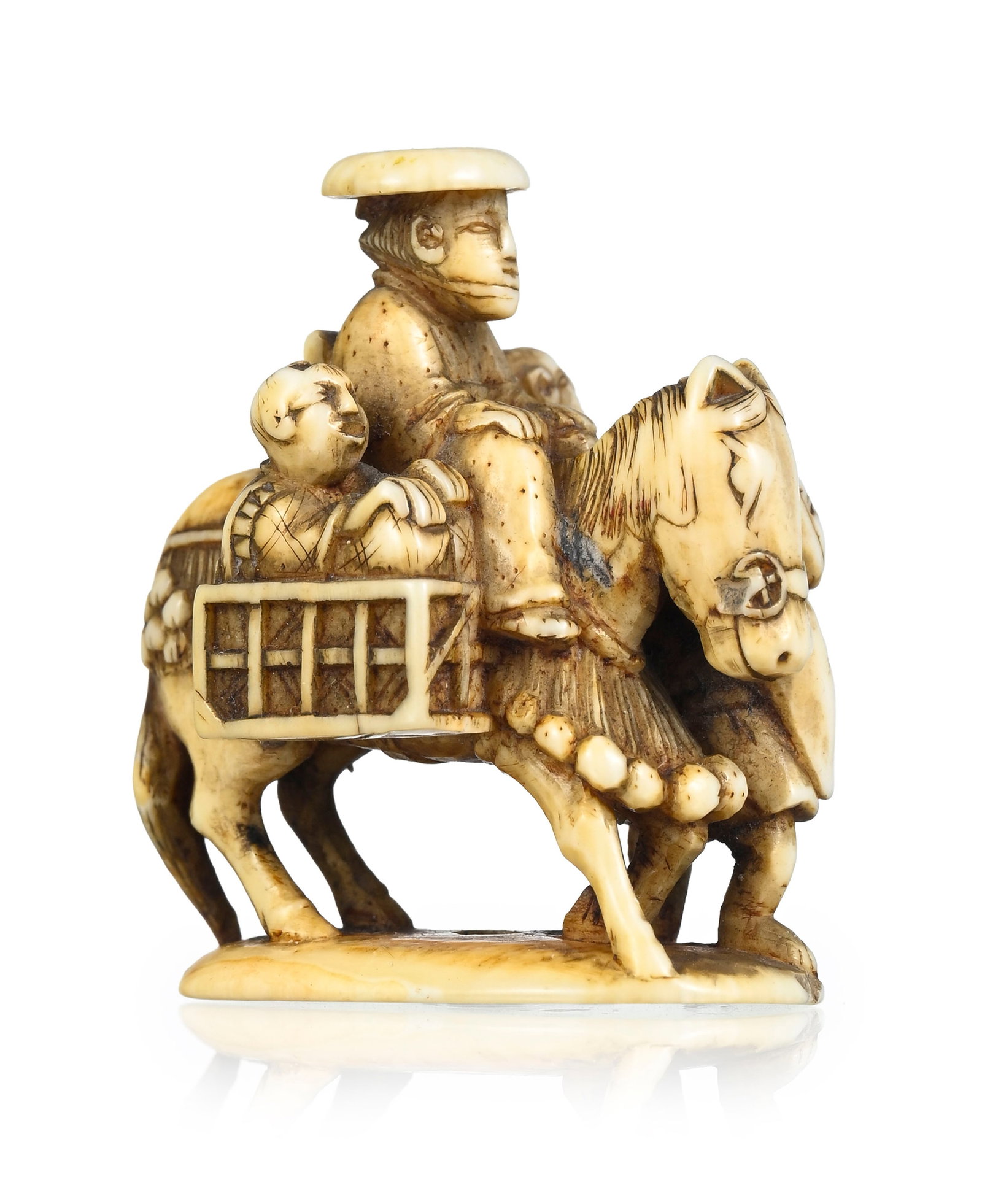 Cheval et personnages, netsuke en ivoire, Japon, XIXe s., signé 龍珉 (Ryûmin), - 2