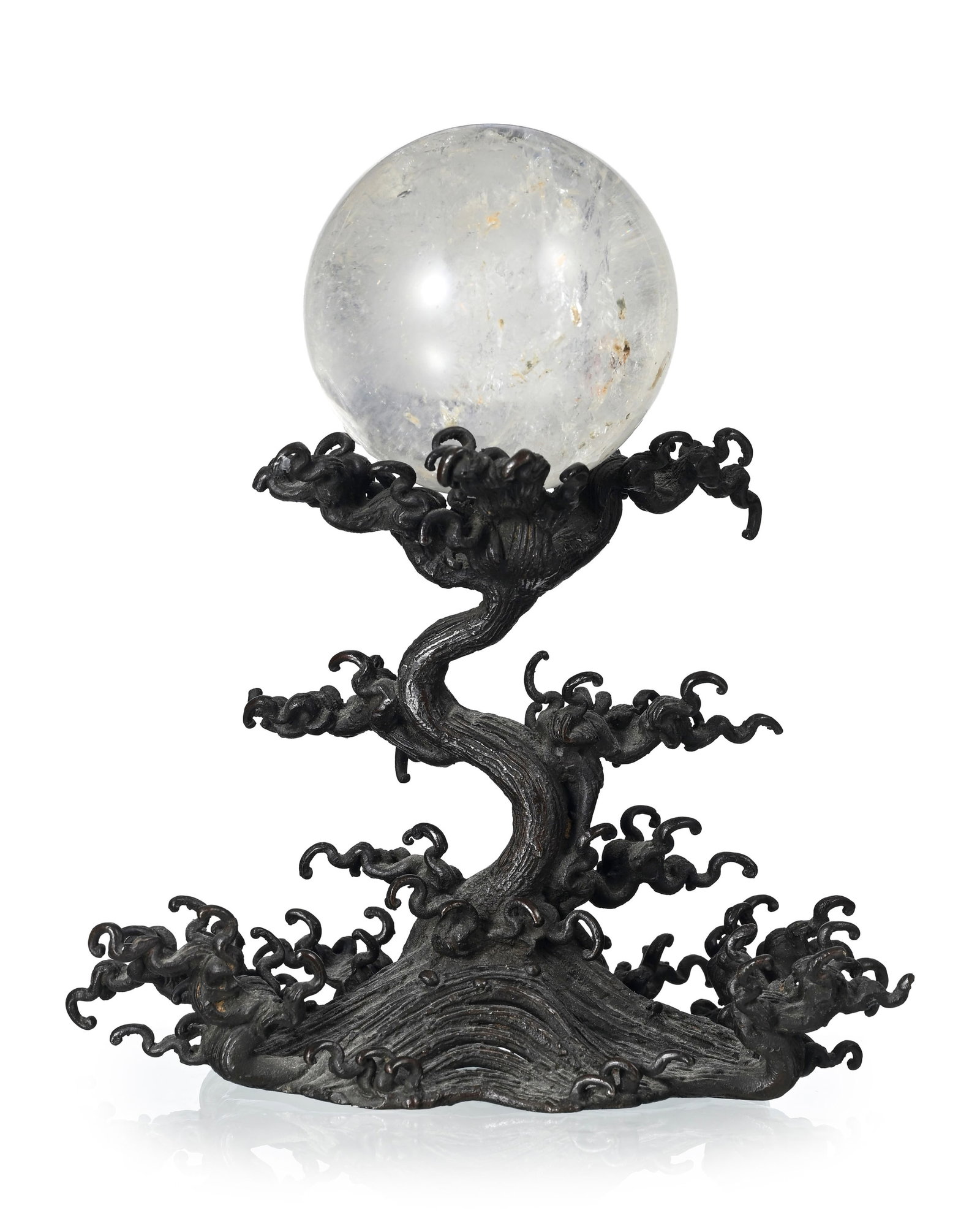 Sphère sur flots agités, okimono en cristal de roche et bronze, Japon, époque Meiji,  - 3