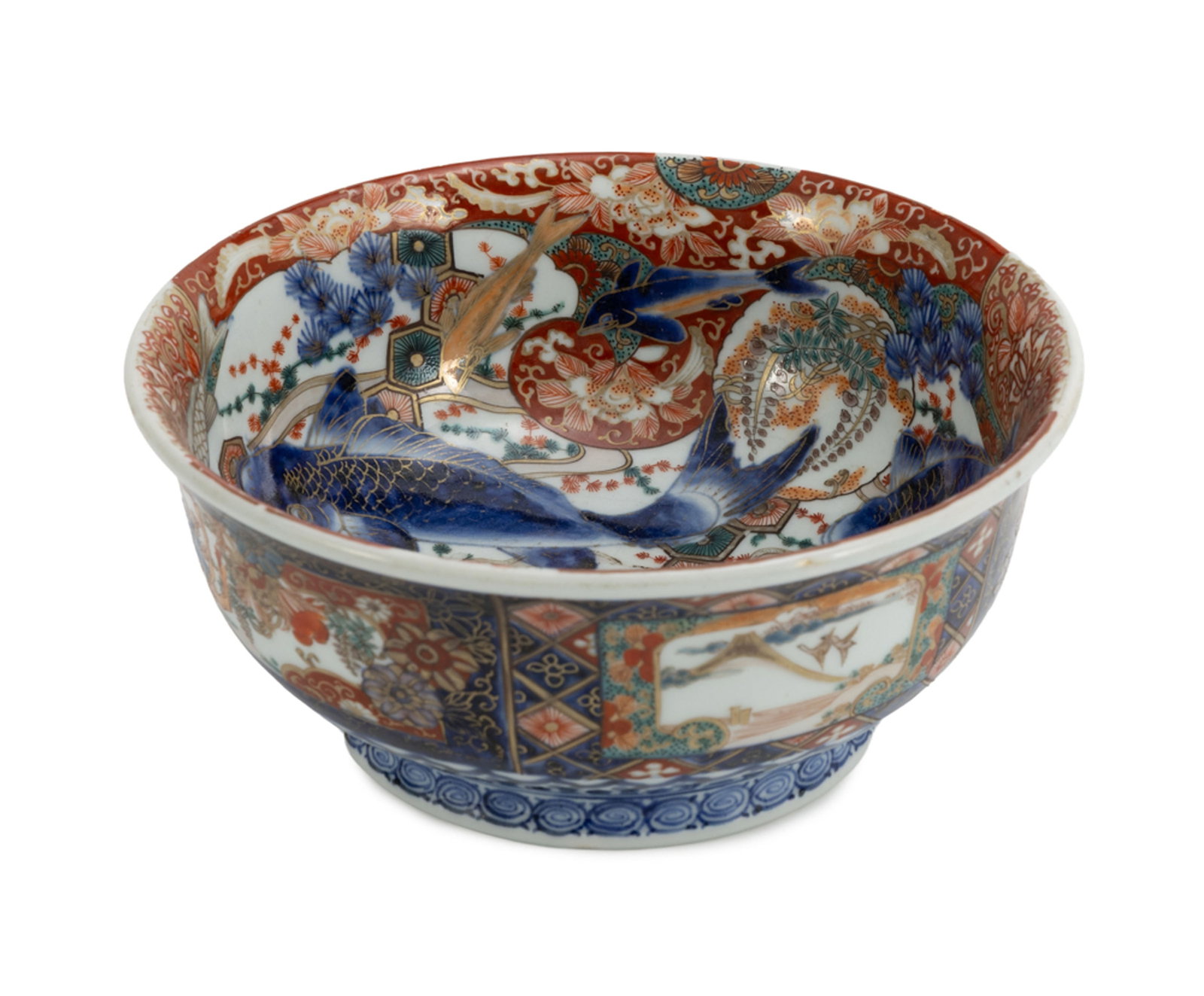 Bol en porcelaine Imari, Japon, époque Meiji, décor intérieur de poissons entremê: Bol en porcelaine Imari, Japon, époque Meiji, décor intérieur de poissons entremêlés avec des algues et des fleurs, décor extérieur de paysages dans des cartouches