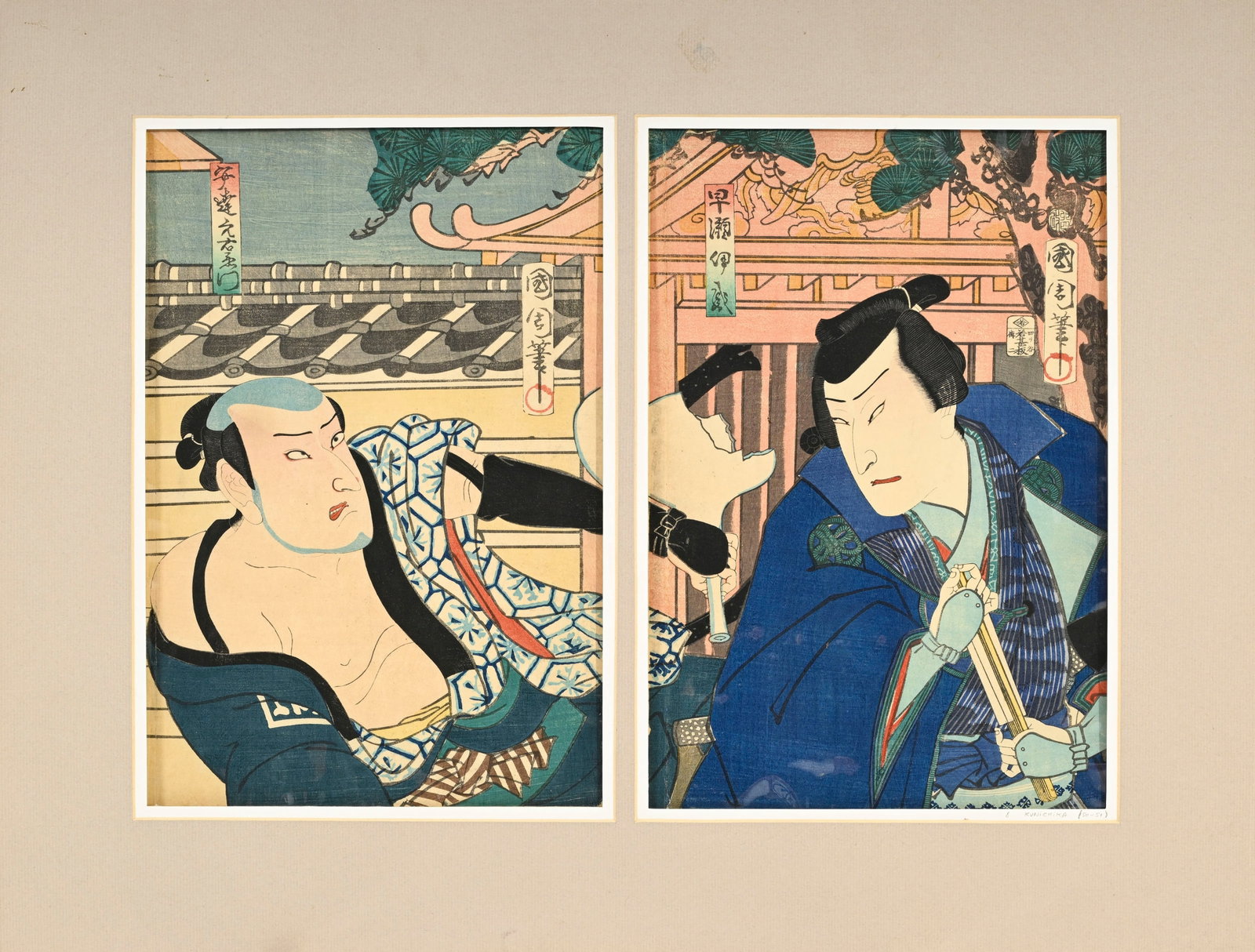 Toyohara Kunichika (1835-1900), acteurs de kabuki et samouraï, ensemble de 3 diptyques, 2 tript - 4