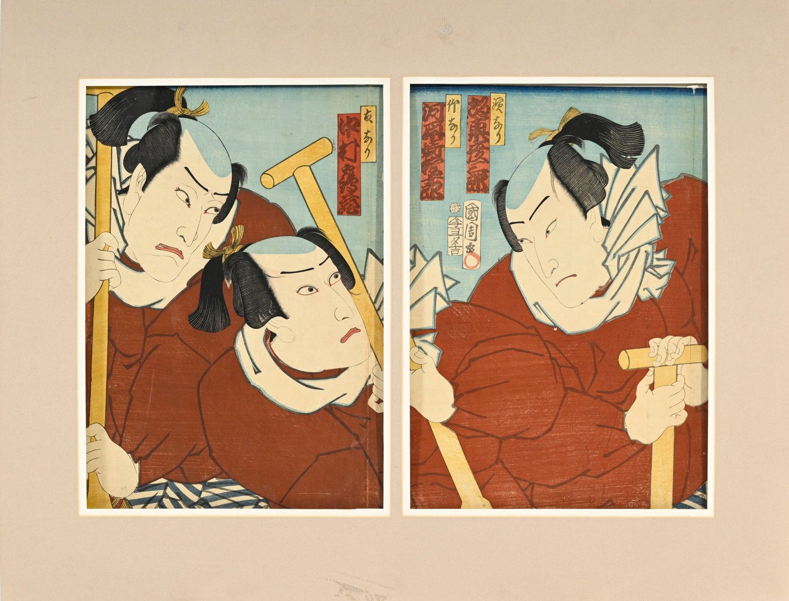 Toyohara Kunichika (1835-1900), acteurs de kabuki et samouraï, ensemble de 3 diptyques, 2 tript - 5