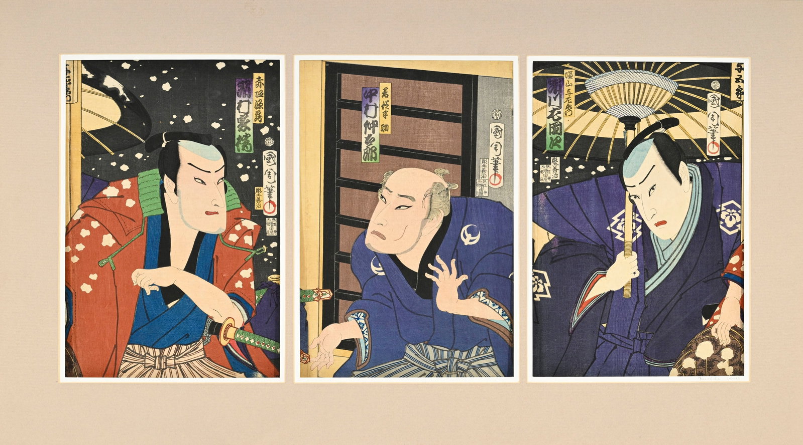 Toyohara Kunichika (1835-1900), acteurs de kabuki et samouraï, ensemble de 3 diptyques, 2 tript - 6