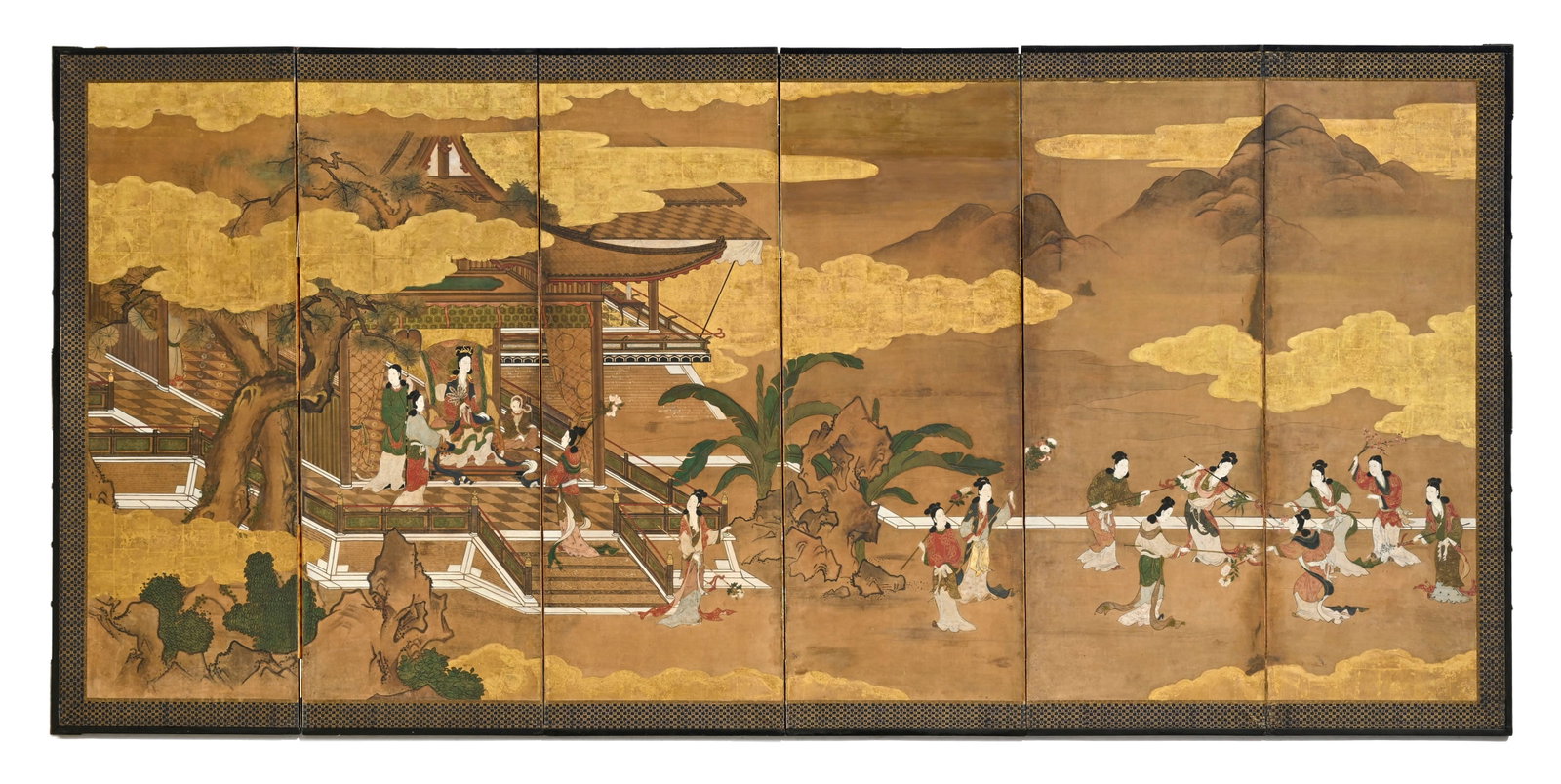 Rokkyoku byôbu (paravent à six feuilles), Japon, XIXe s., représentant une scène: Rokkyoku byôbu (paravent à six feuilles), Japon, XIXe s., représentant une scène de cour avec des bijin (belles femmes) exécutant une danse impériale aux fleurs, avec bo&