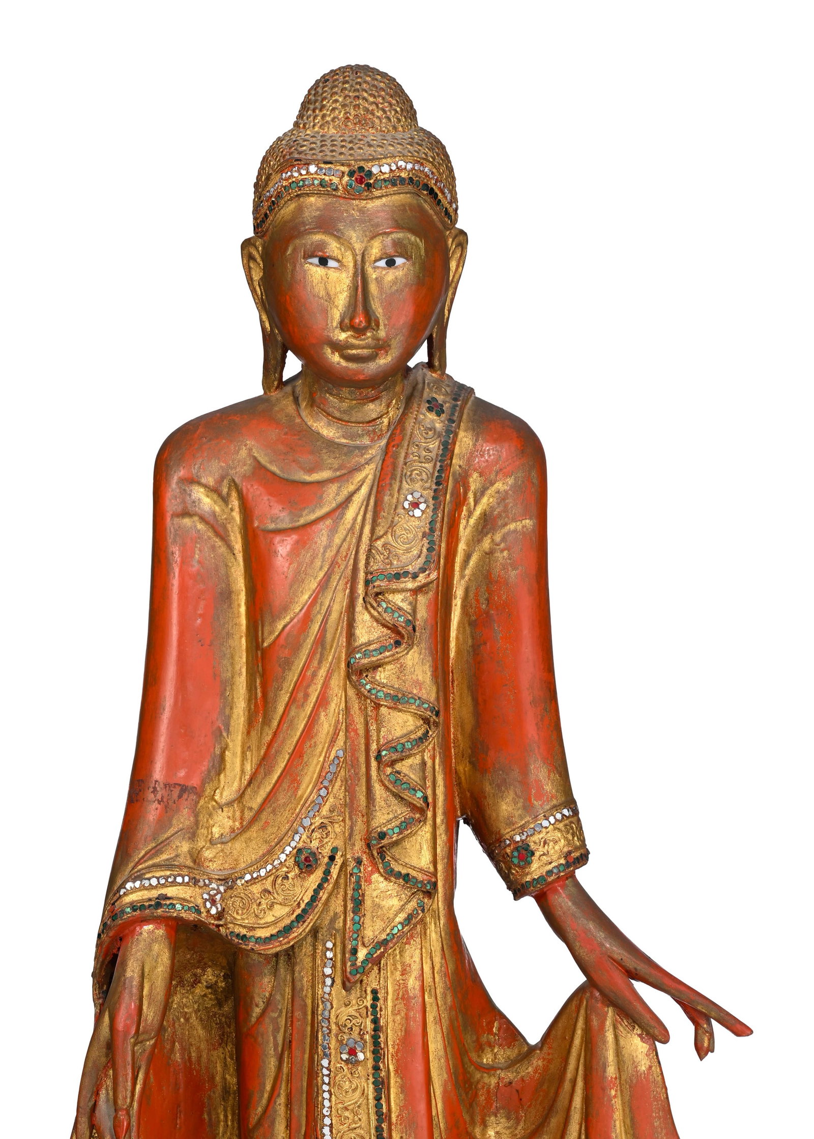 Bouddha debout en bois laqué et doré avec incrustations de pastilles de verre, Birmanie, X - 3