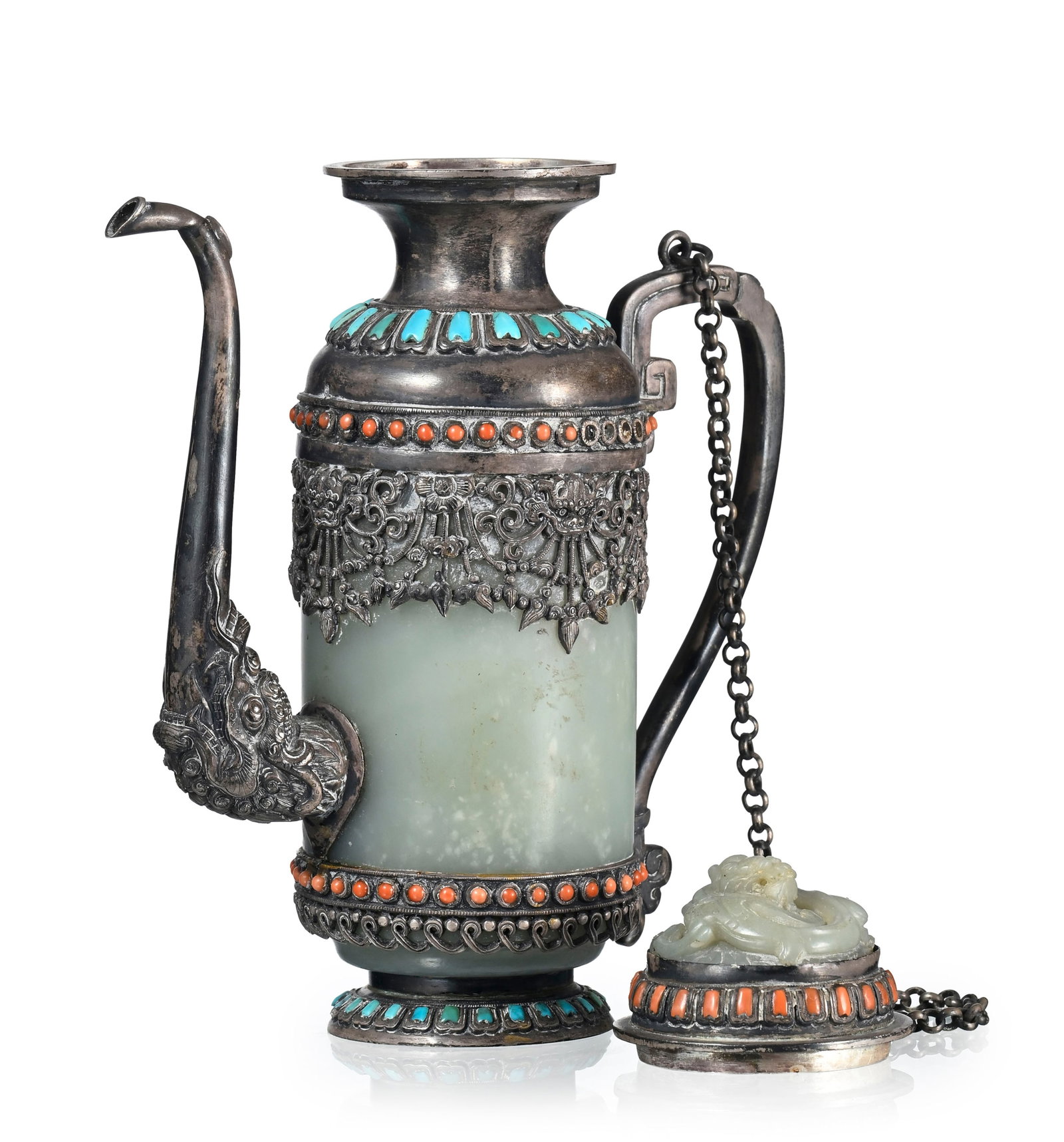 Aiguière couverte en argent, jade, turquoises et corail, Tibet ou Mongolie, probablement XIXe s - 2