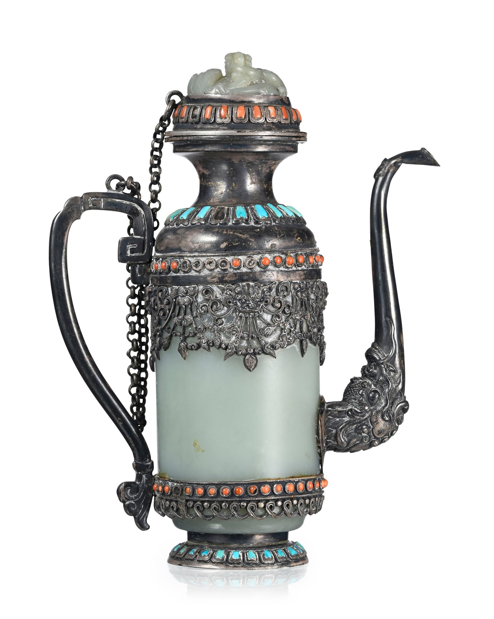 Aiguière couverte en argent, jade, turquoises et corail, Tibet ou Mongolie, probablement XIXe s - 3
