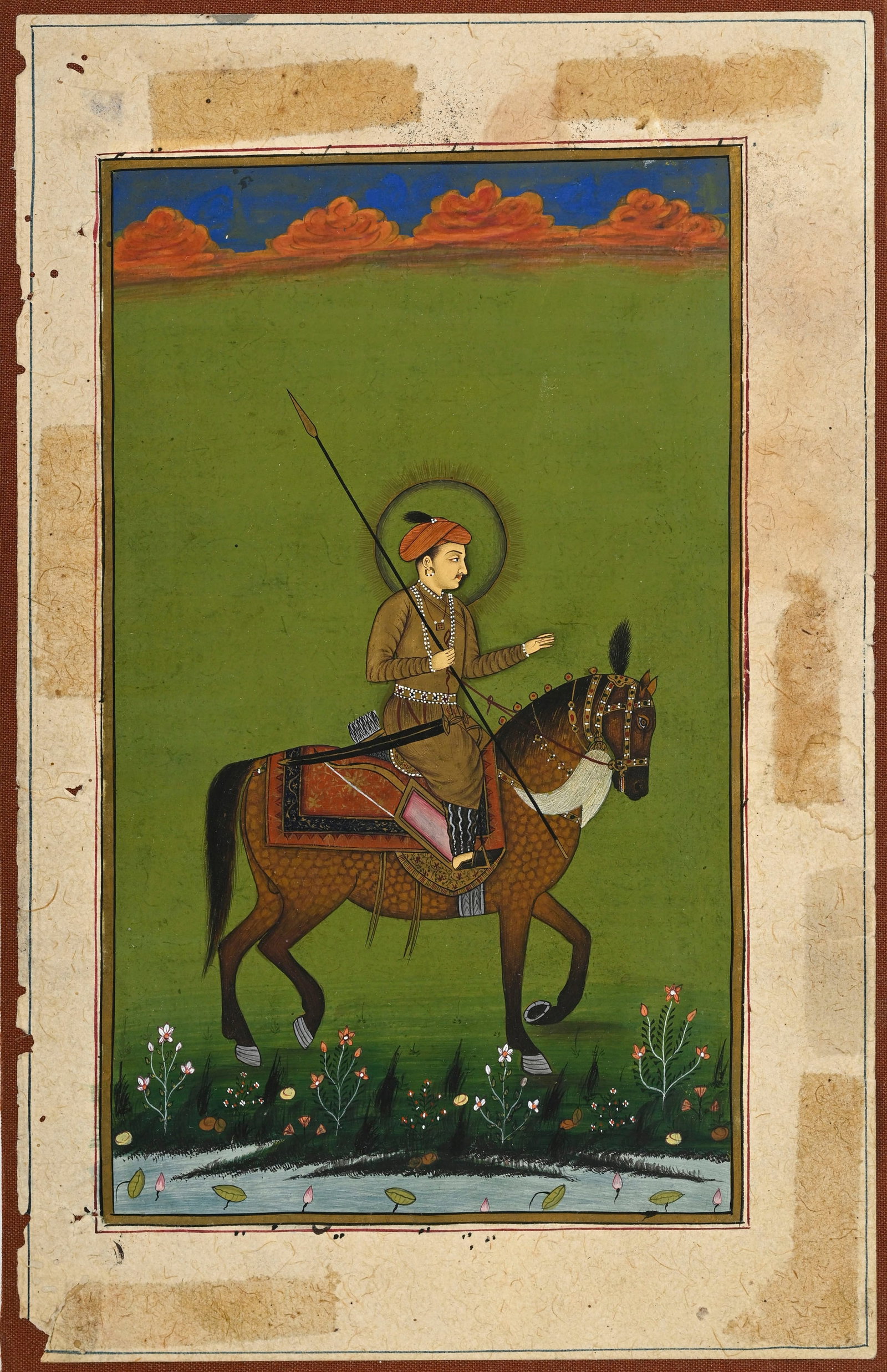 Portrait d'un gentilhomme sur son cheval, gouache et or sur papier, Inde, XIX-XXe s., de style mogho - 2