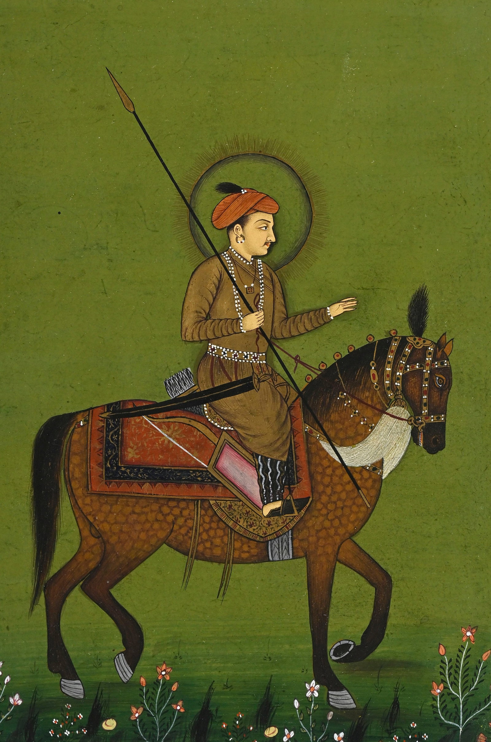 Portrait d'un gentilhomme sur son cheval, gouache et or sur papier, Inde, XIX-XXe s., de style mogho - 3