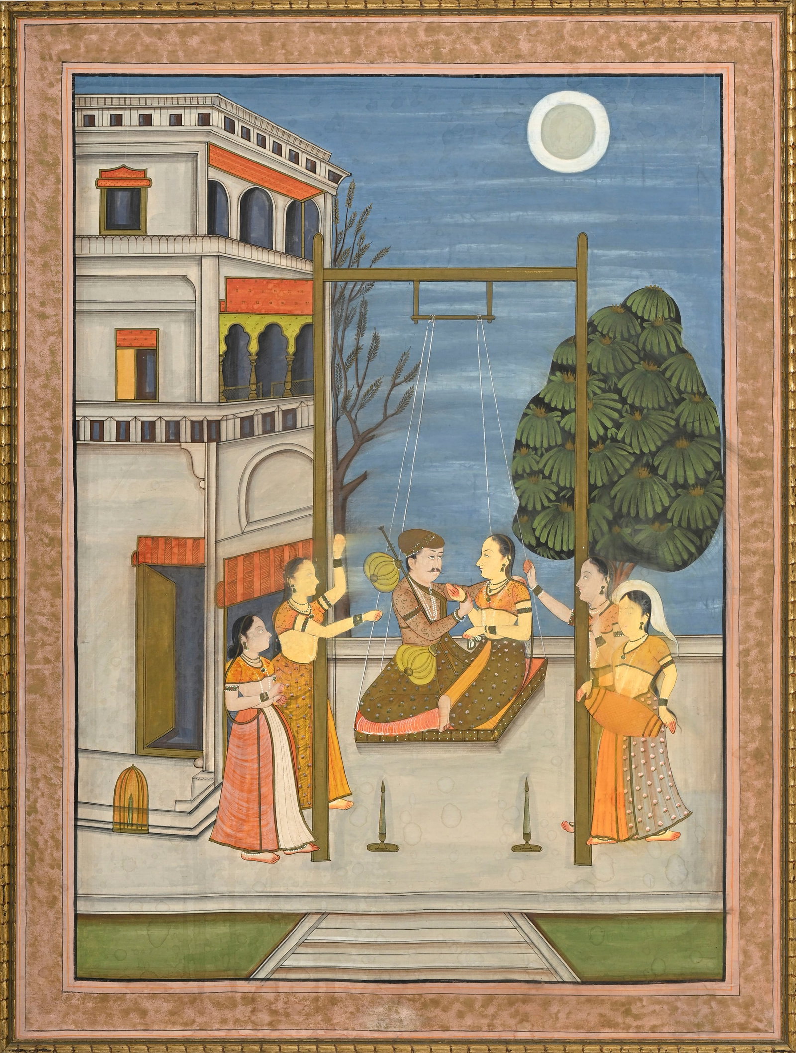 Hindola Raga, folio d'une série de Ragamala, gouache sur papier, Inde du nord, XXe s., 111x84 c: Hindola Raga, folio d'une série de Ragamala, gouache sur papier, Inde du nord, XXe s., 111x84 cm (cadre) Hindola Raga, folio from a Ragamala series, gouache on paper, Nor