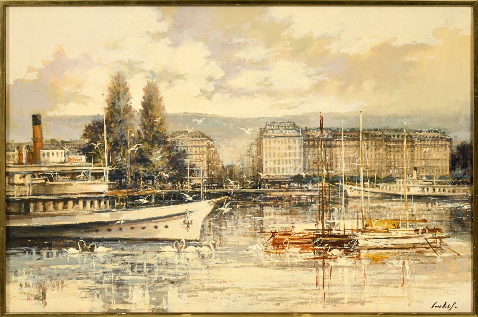 Sergio Cecchi (1921-1986), Rade de Genève, huile sur toile, signée, 85x129 cm - 2