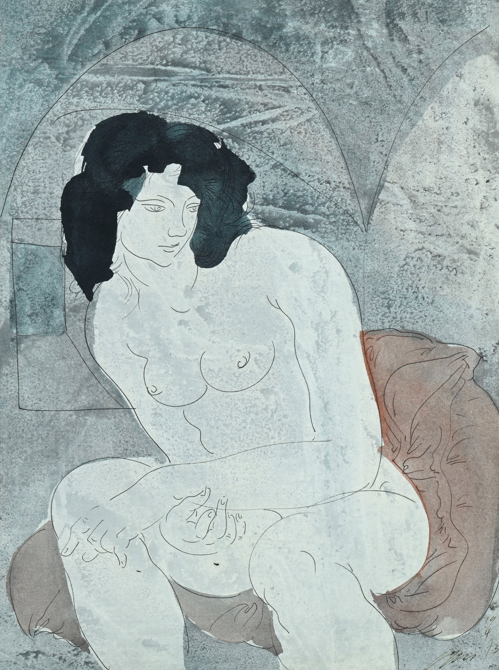 Hans Erni (1909-2015), "Fille assise sous une voûte", 19.04.73, tempera sur papier, signée: Hans Erni (1909-2015), "Fille assise sous une voûte", 19.04.73, tempera sur papier, signée et datée, 39,5x30 cm (à vue)