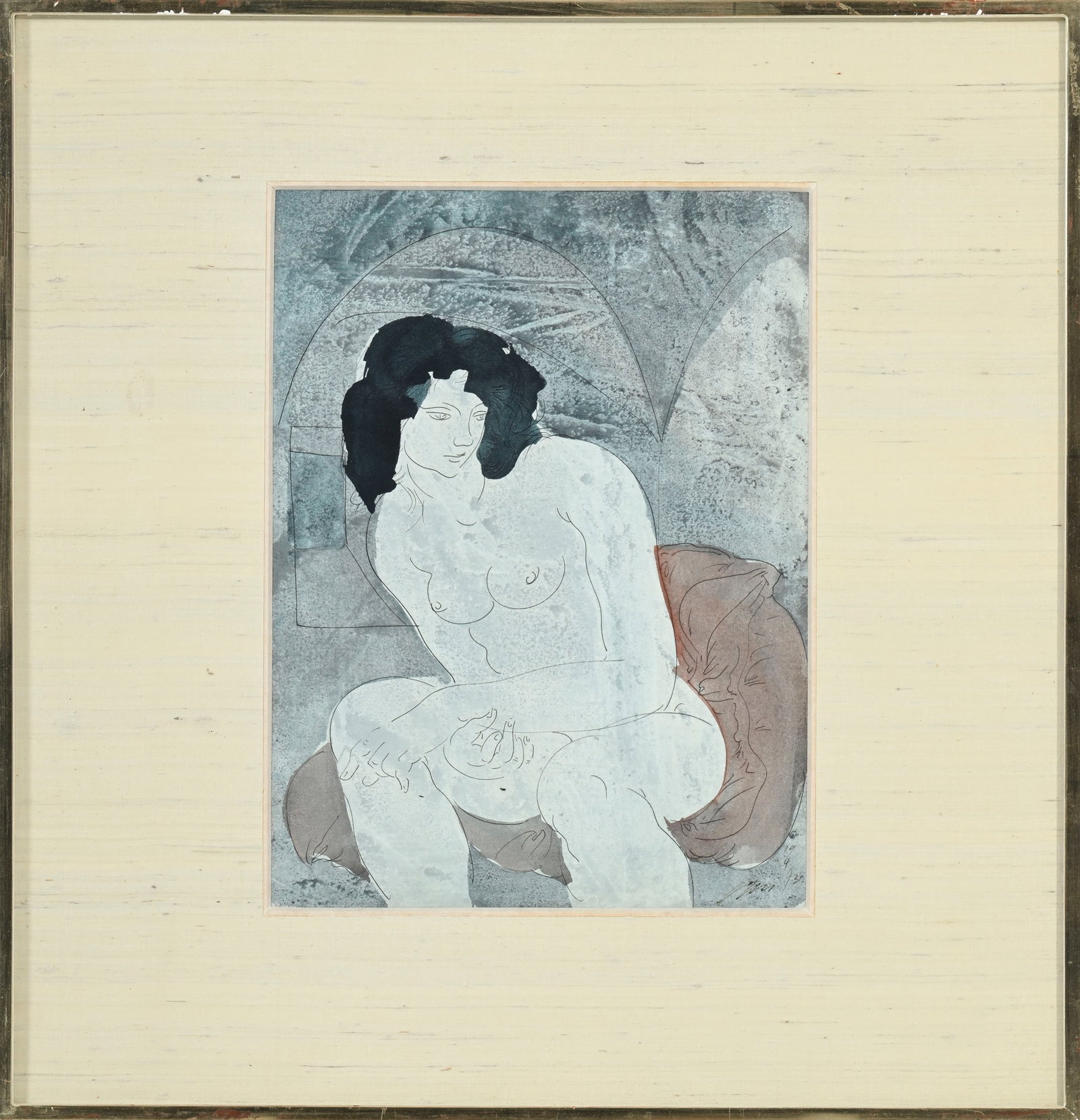Hans Erni (1909-2015), "Fille assise sous une voûte", 19.04.73, tempera sur papier, signée - 2