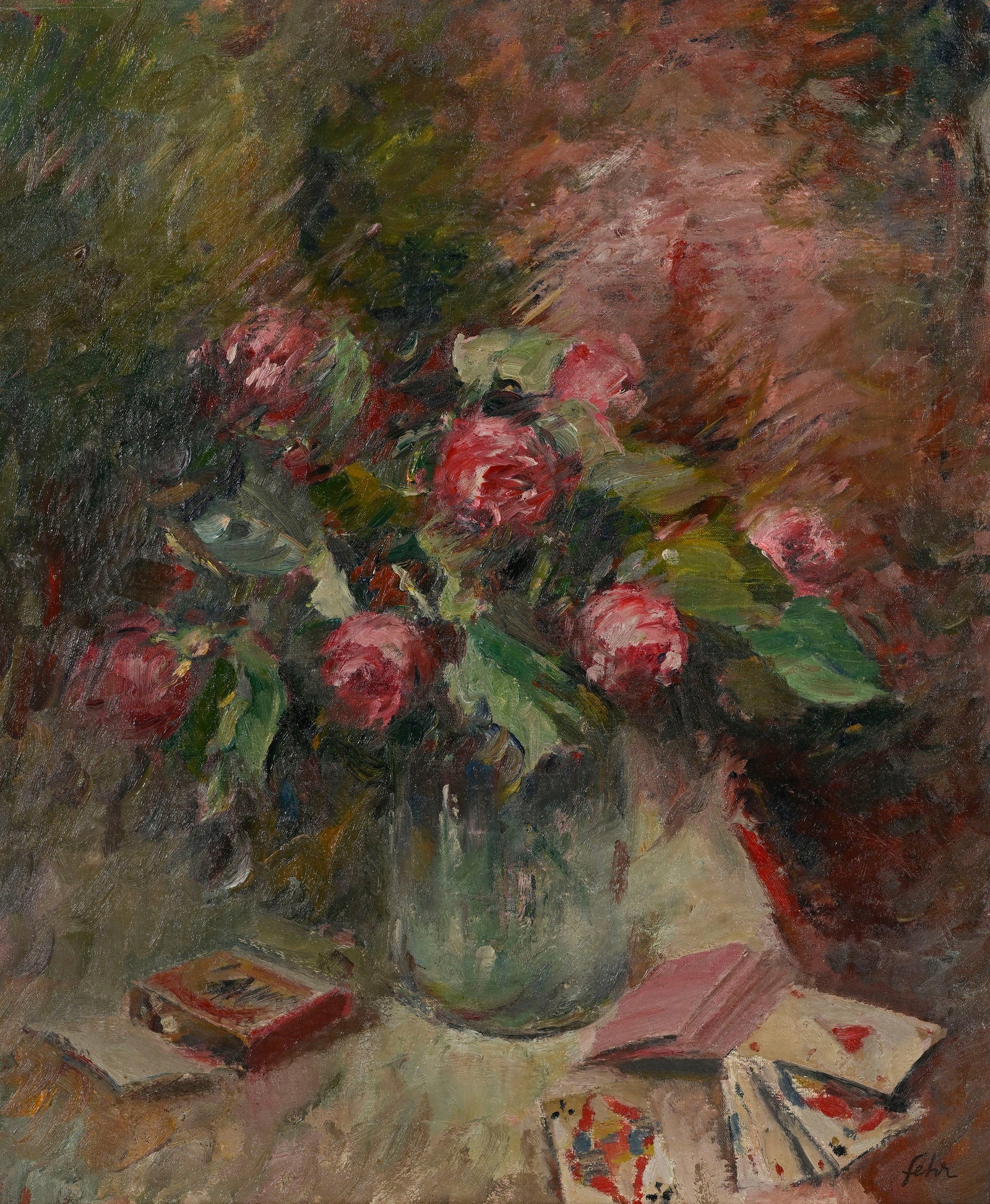 Henri Fehr (1890-1974), Nature morte au vase de roses et jeu de cartes, huile sur toile, signée: Henri Fehr (1890-1974), Nature morte au vase de roses et jeu de cartes, huile sur toile, signée, contresignée au verso, 65,5x54,5 cm