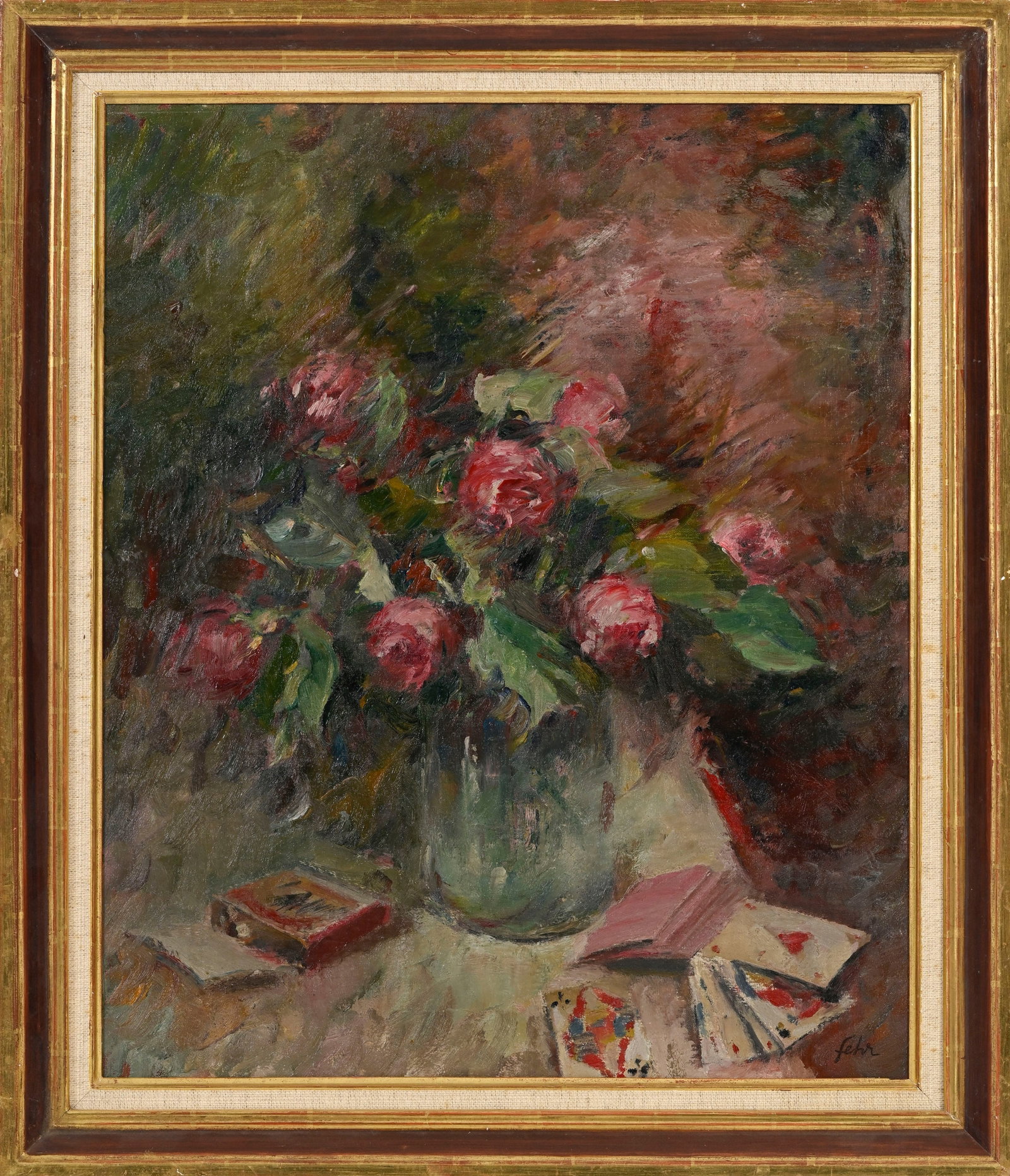 Henri Fehr (1890-1974), Nature morte au vase de roses et jeu de cartes, huile sur toile, signée - 2