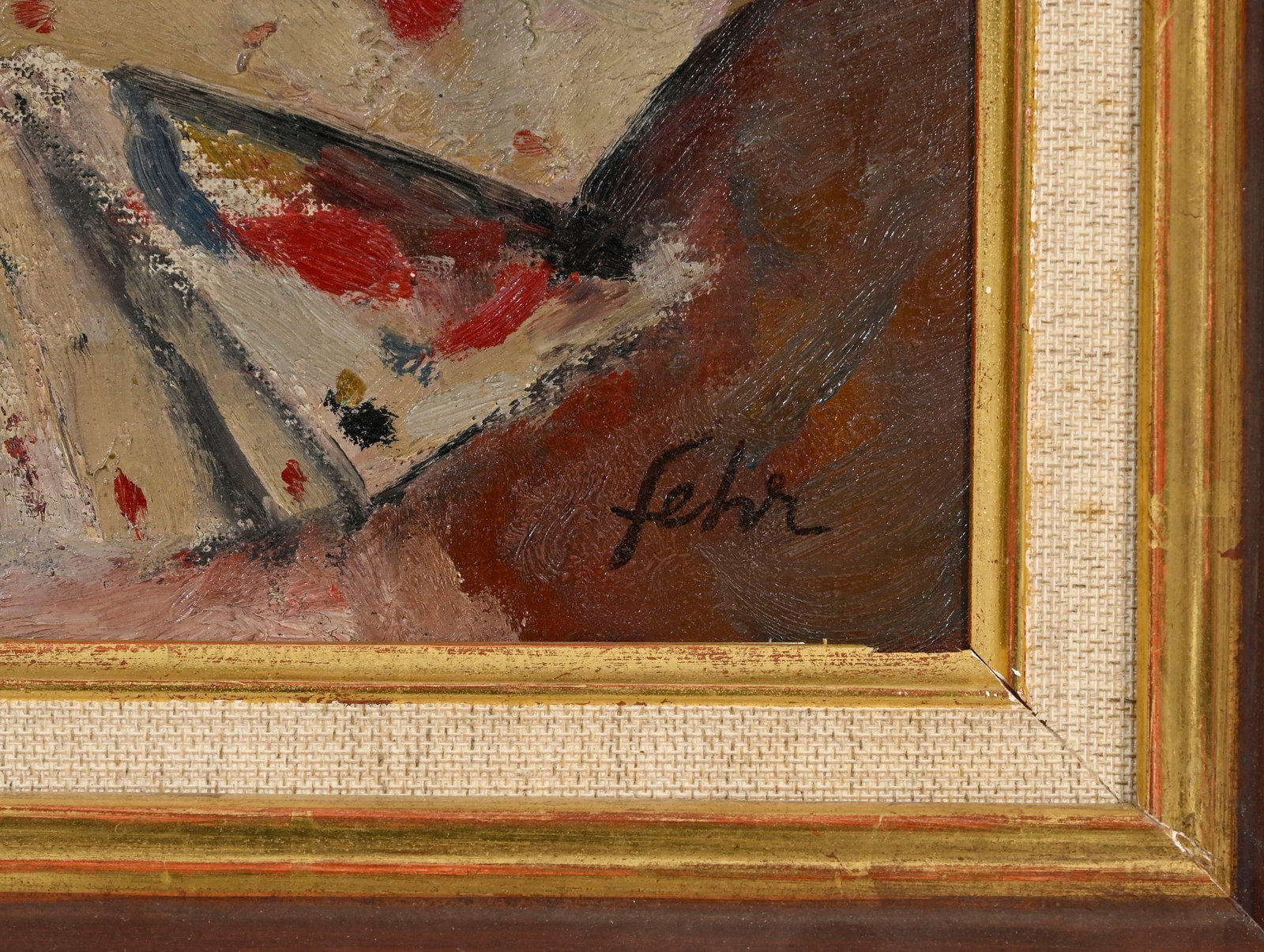 Henri Fehr (1890-1974), Nature morte au vase de roses et jeu de cartes, huile sur toile, signée - 4