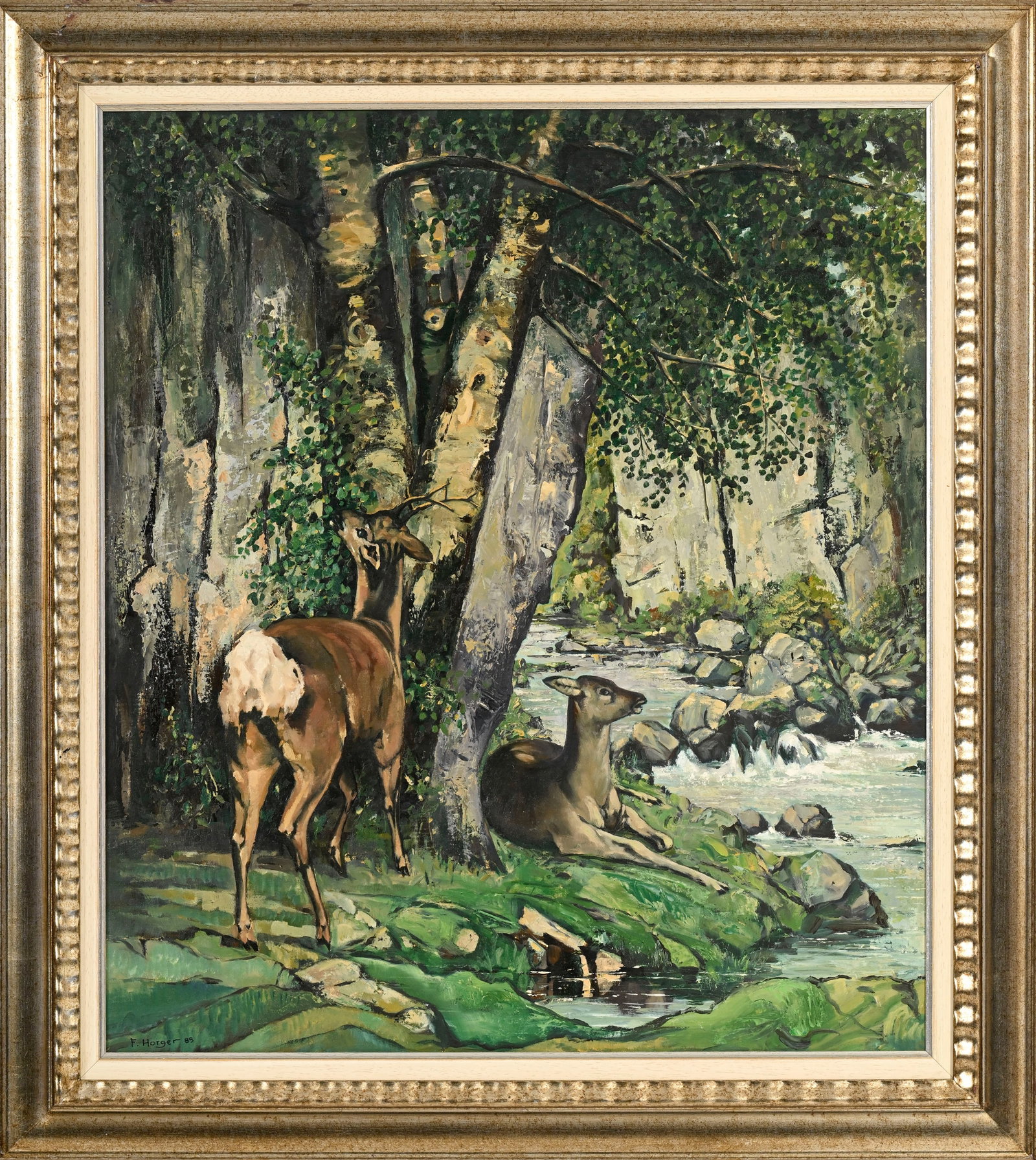 Alfred Horger (1930-2009), Couple de chevreuils au bord d'un ruisseau, 1989, huile sur toile maroufl - 2
