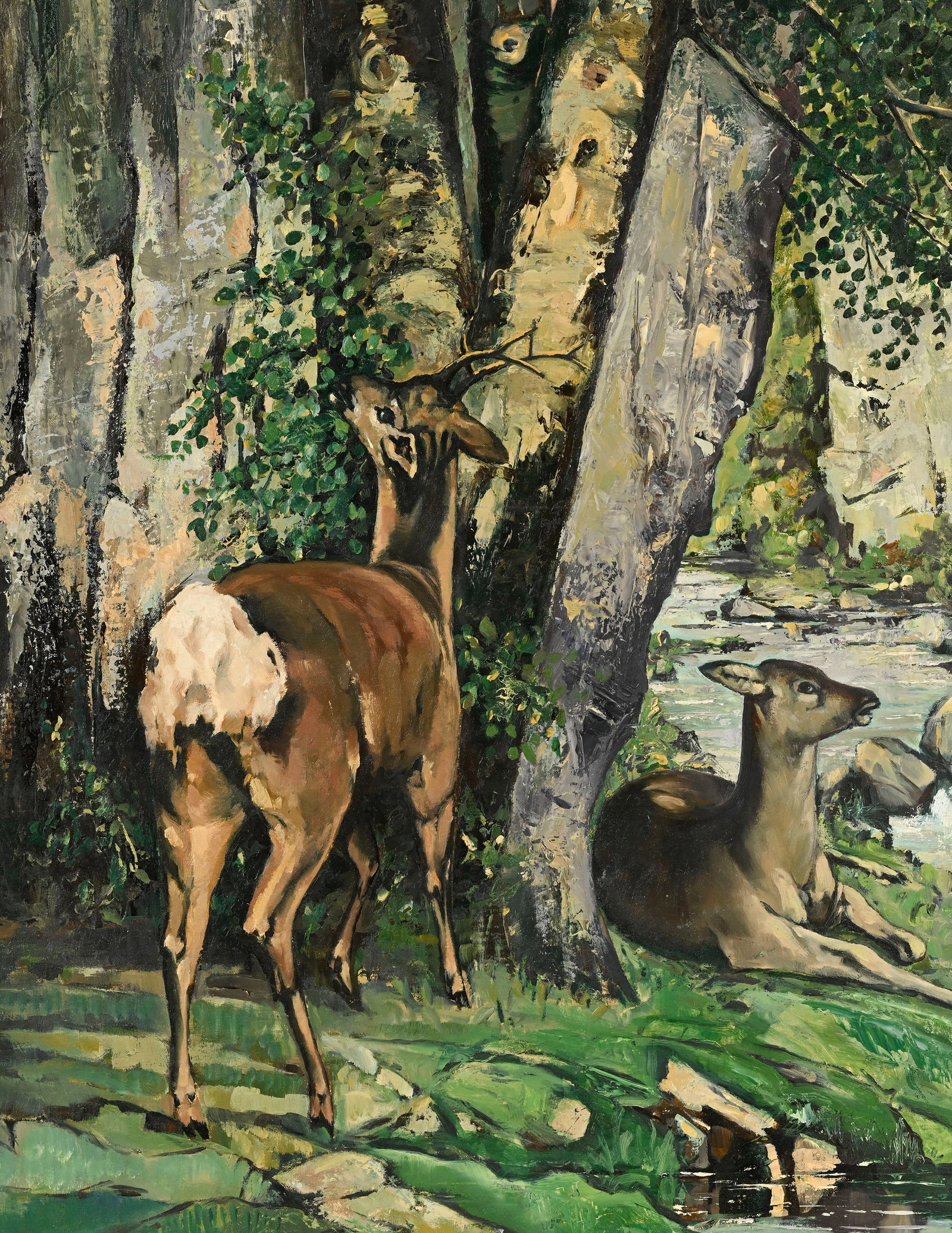 Alfred Horger (1930-2009), Couple de chevreuils au bord d'un ruisseau, 1989, huile sur toile maroufl - 3