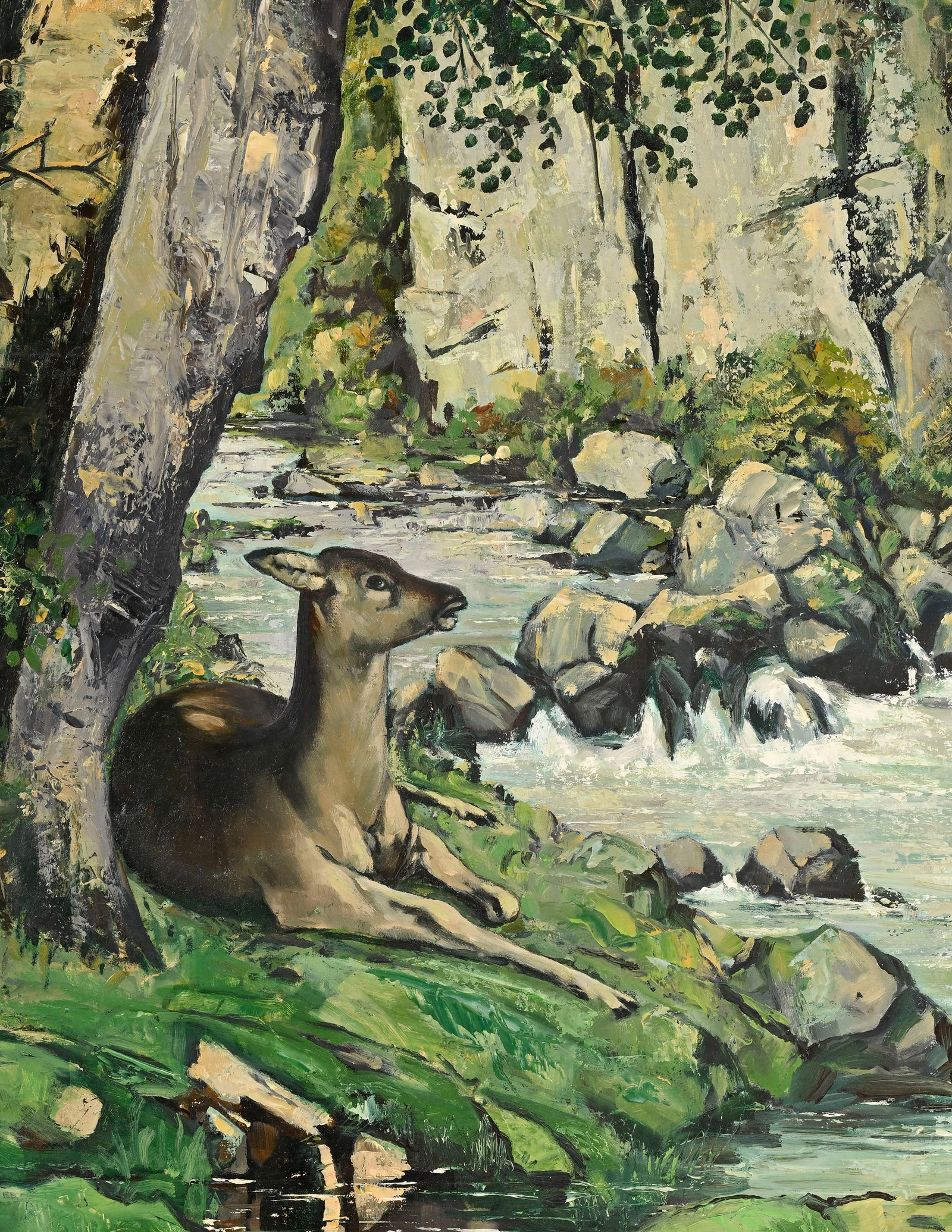 Alfred Horger (1930-2009), Couple de chevreuils au bord d'un ruisseau, 1989, huile sur toile maroufl - 4