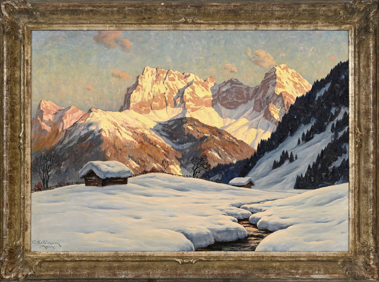 Erwin Kettemann (1897-1971), Montagne enneigée au coucher du soleil, huile sur toile, signé - 2