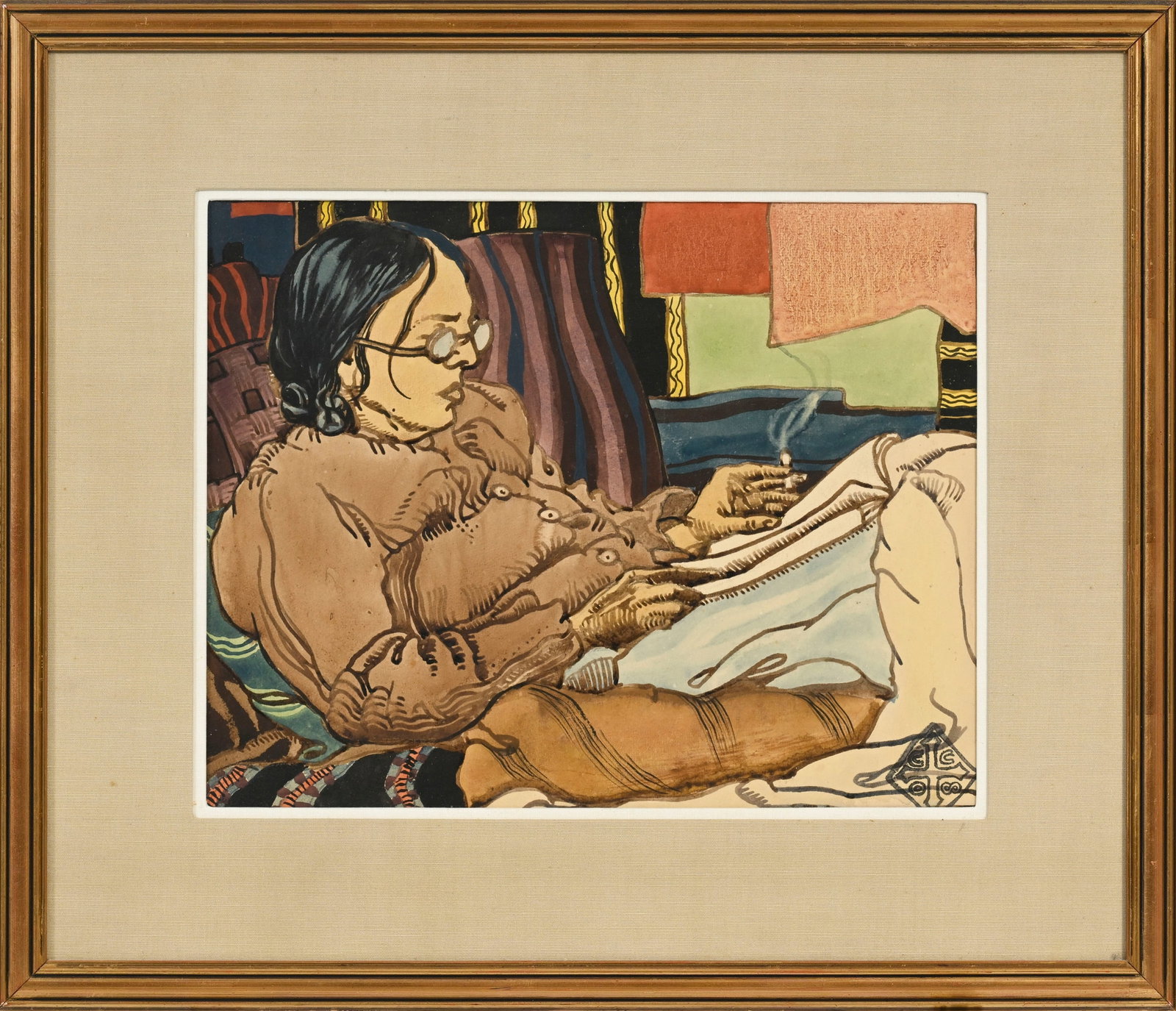 Charles Clos Olsommer (1883-1966), Femme fumant au lit, aquarelle sur papier, cachet de l'artiste, 2 - 2