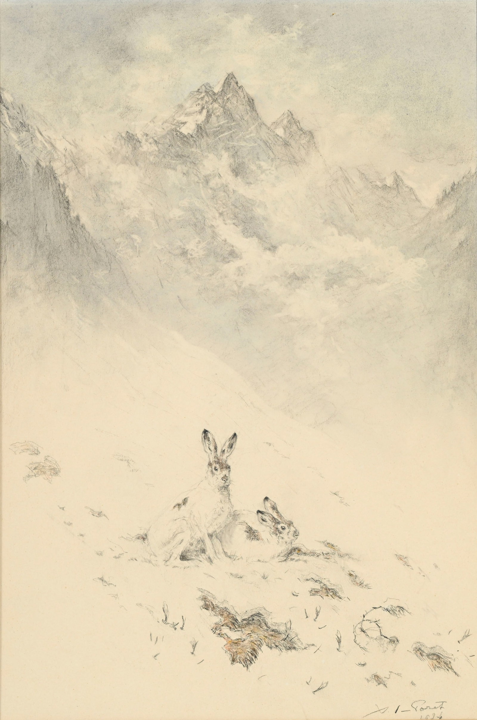 Xavier de Poret (1894-1975), Lièvres dans un paysage alpestre, 1934, pierre noire, estompe et a: Xavier de Poret (1894-1975), Lièvres dans un paysage alpestre, 1934, pierre noire, estompe et aquarelle sur papier, signée et datée, 55x36 cm (à vue) Provenance: acquis