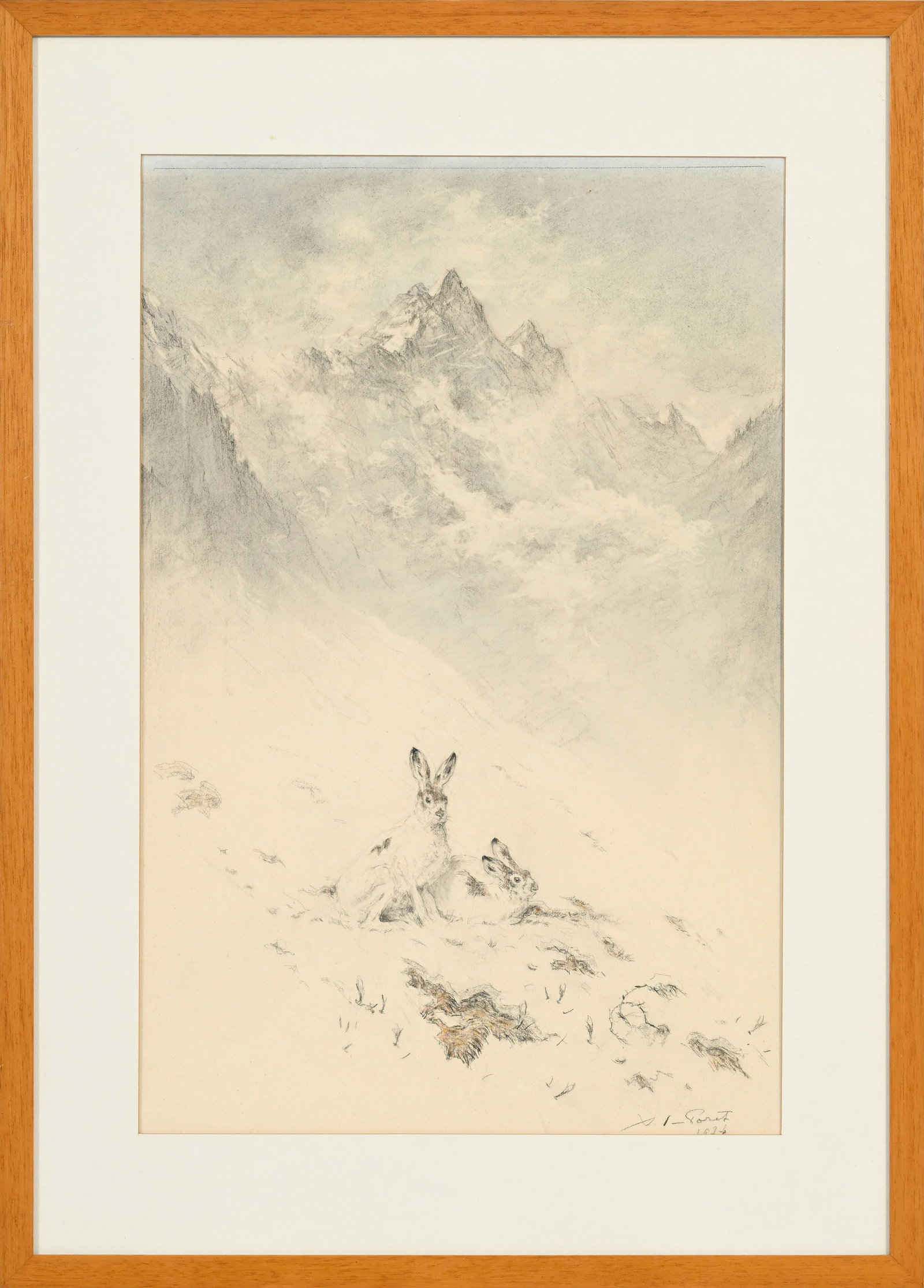 Xavier de Poret (1894-1975), Lièvres dans un paysage alpestre, 1934, pierre noire, estompe et a - 2