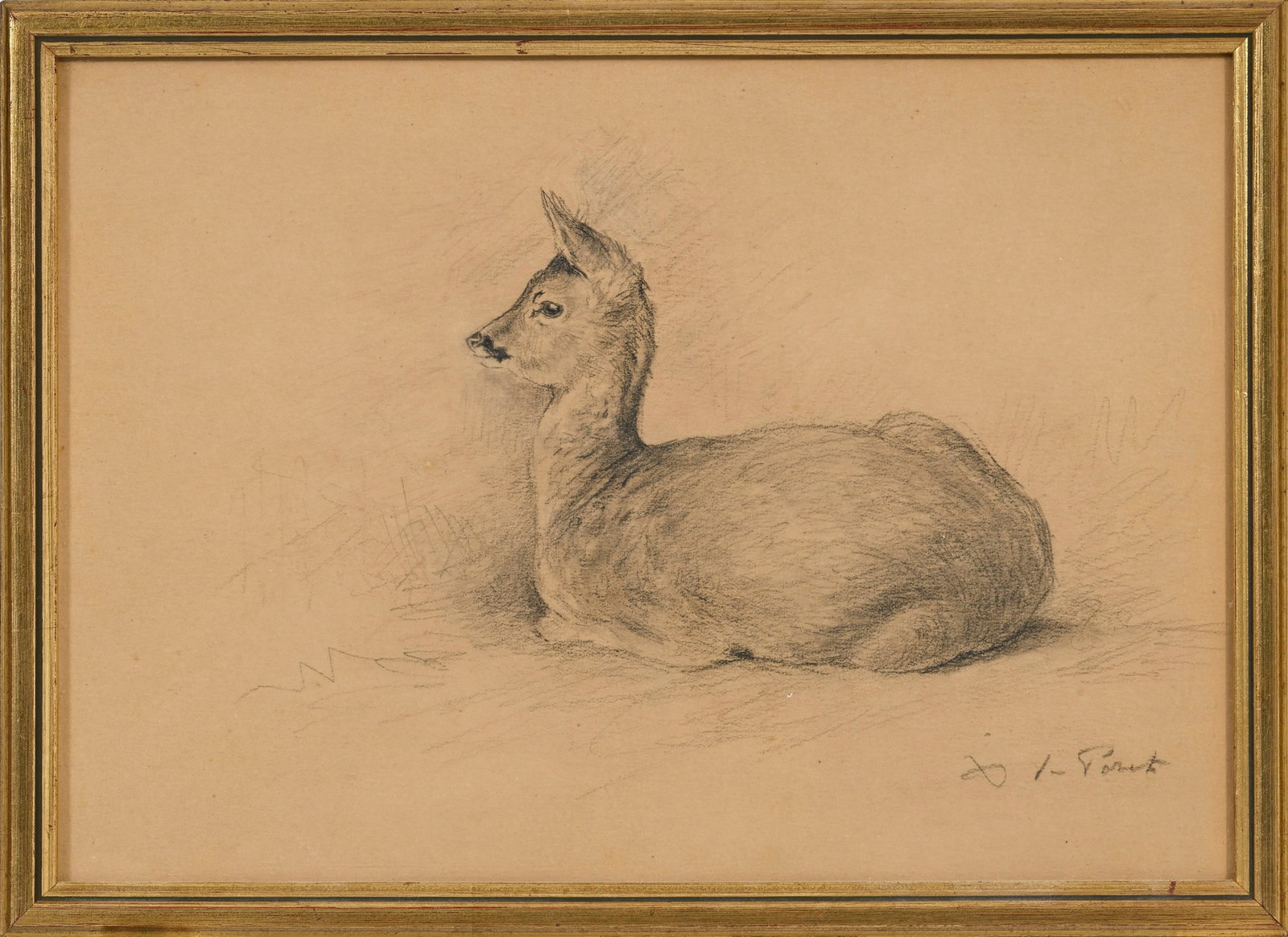 Xavier de Poret (1894-1975), Faon couché, pierre noire sur papier, signée, 17,5x25 cm ( - 2