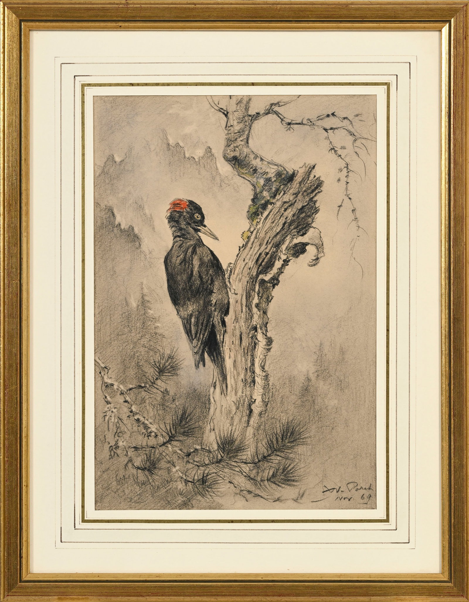 Xavier de Poret (1894-1975), "Pic noir", 1969, pierre noire et aquarelle sur papier, signée et  - 2