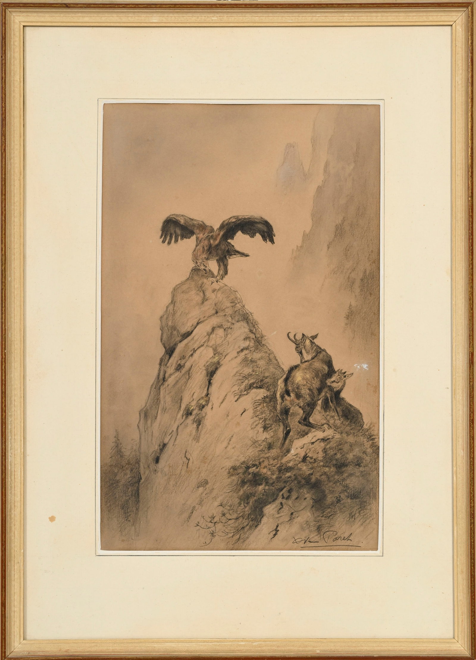 Xavier de Poret (1894-1975), Aigle aux ailes déployées sur un piton rocheux, surplombant u - 2