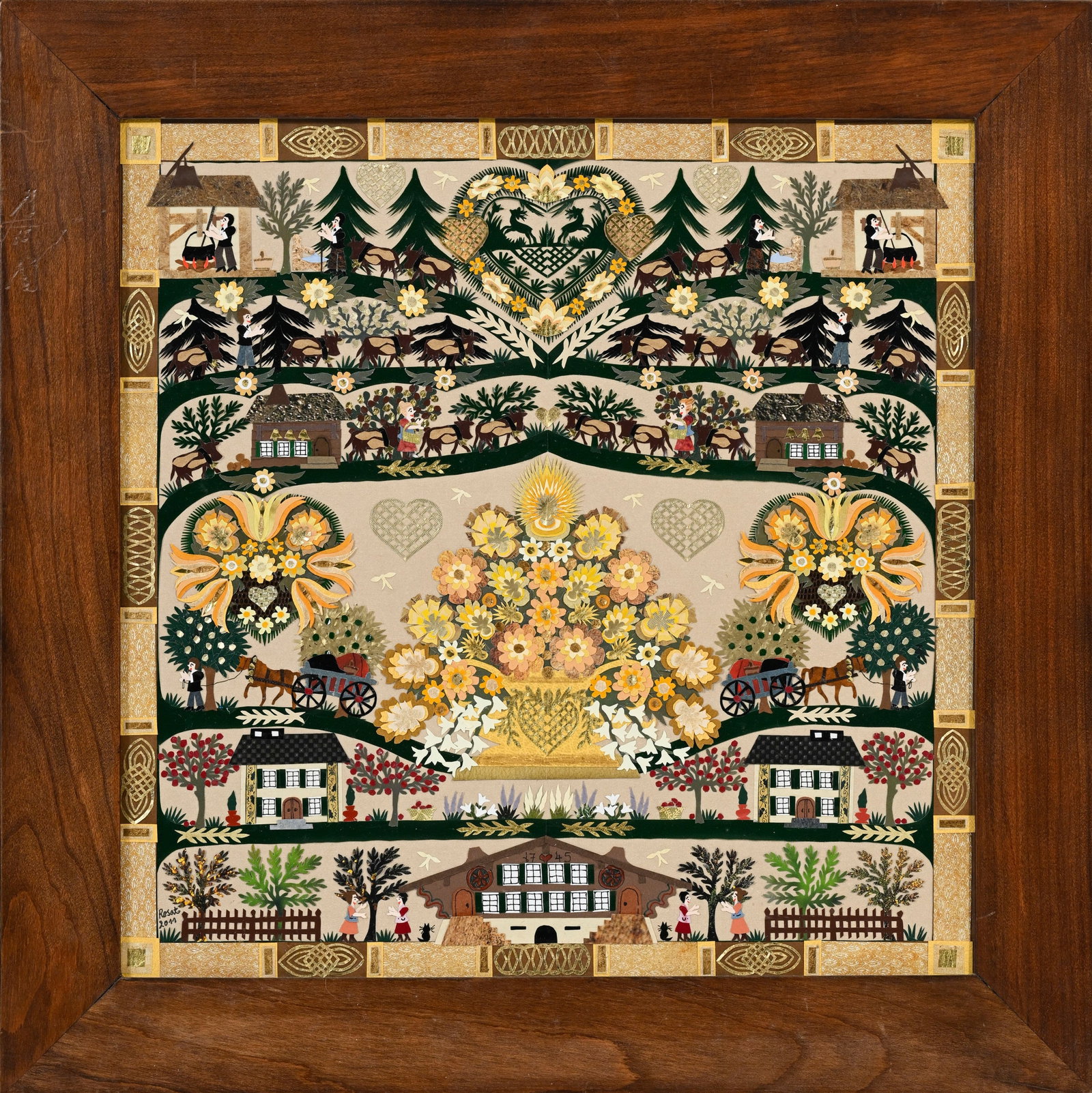 Anne Rosat (1935), Scène de vie dans les Alpes, 2011, découpage et collage en couleur, sig - 2