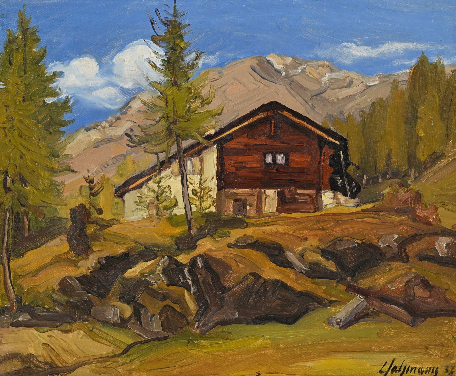 Louis Henri Salzmann (1887-1955), Chalet de montagne, 1937, huile sur toile, signée et daté: Louis Henri Salzmann (1887-1955), Chalet de montagne, 1937, huile sur toile, signée et datée, 38x46 cm