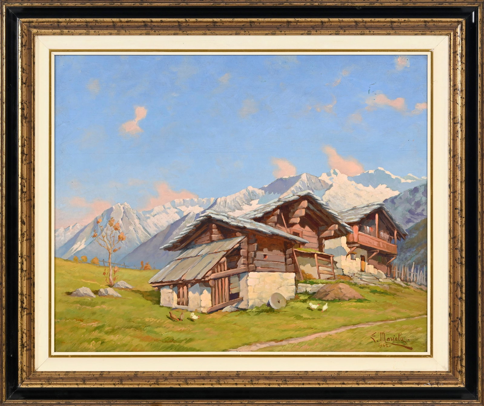 Ecole suisse du XXe s., "Paysage de montagne avec chalets"_,_ 1942, huile sur panneau, signée " - 2