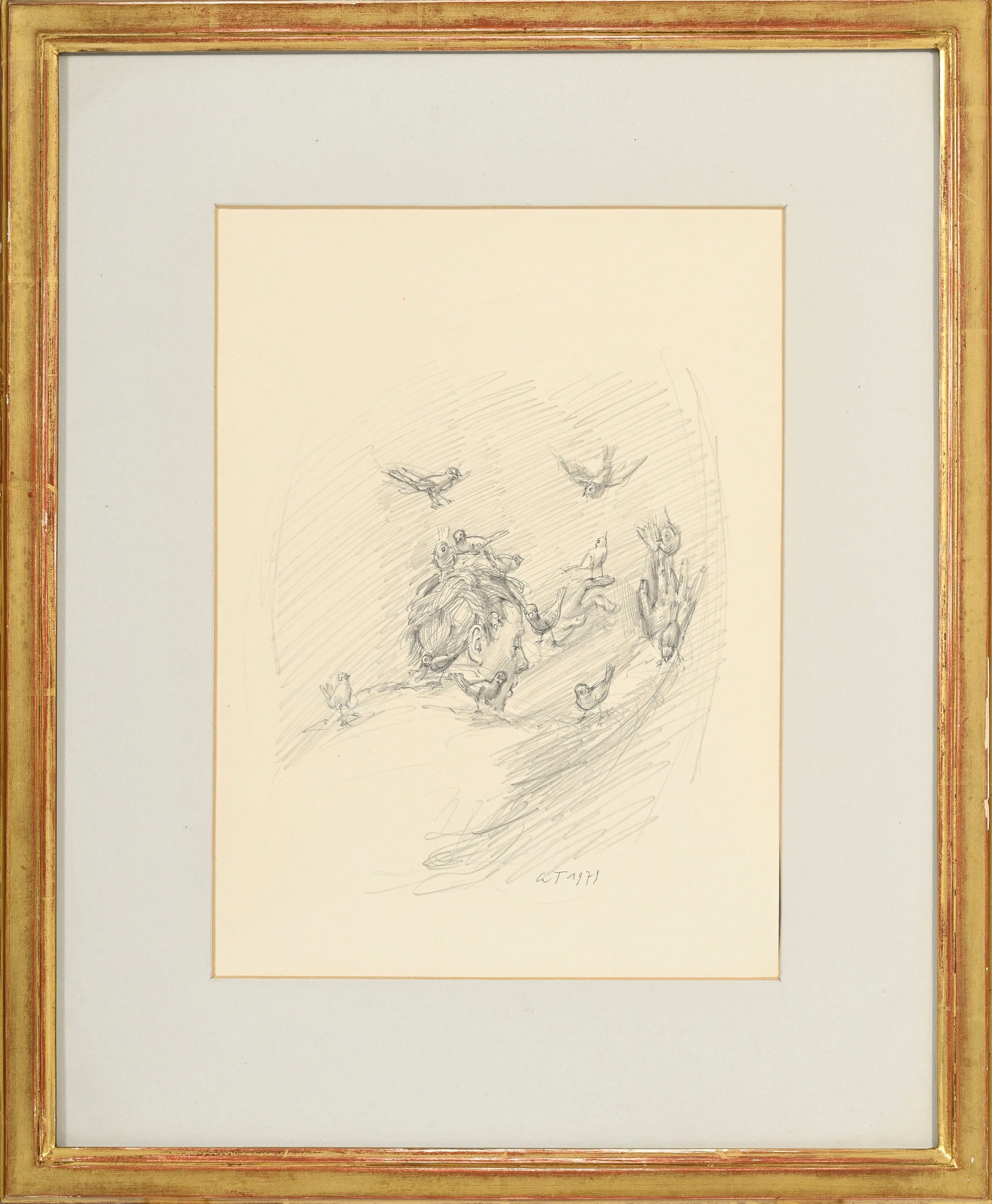 André Thomkins (1930-1985), Personnage aux oiseaux, 1979, crayon de graphite sur papier, monogr - 2