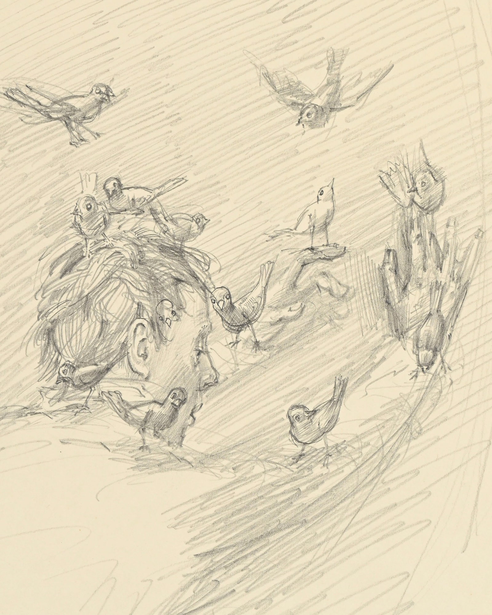 André Thomkins (1930-1985), Personnage aux oiseaux, 1979, crayon de graphite sur papier, monogr - 3