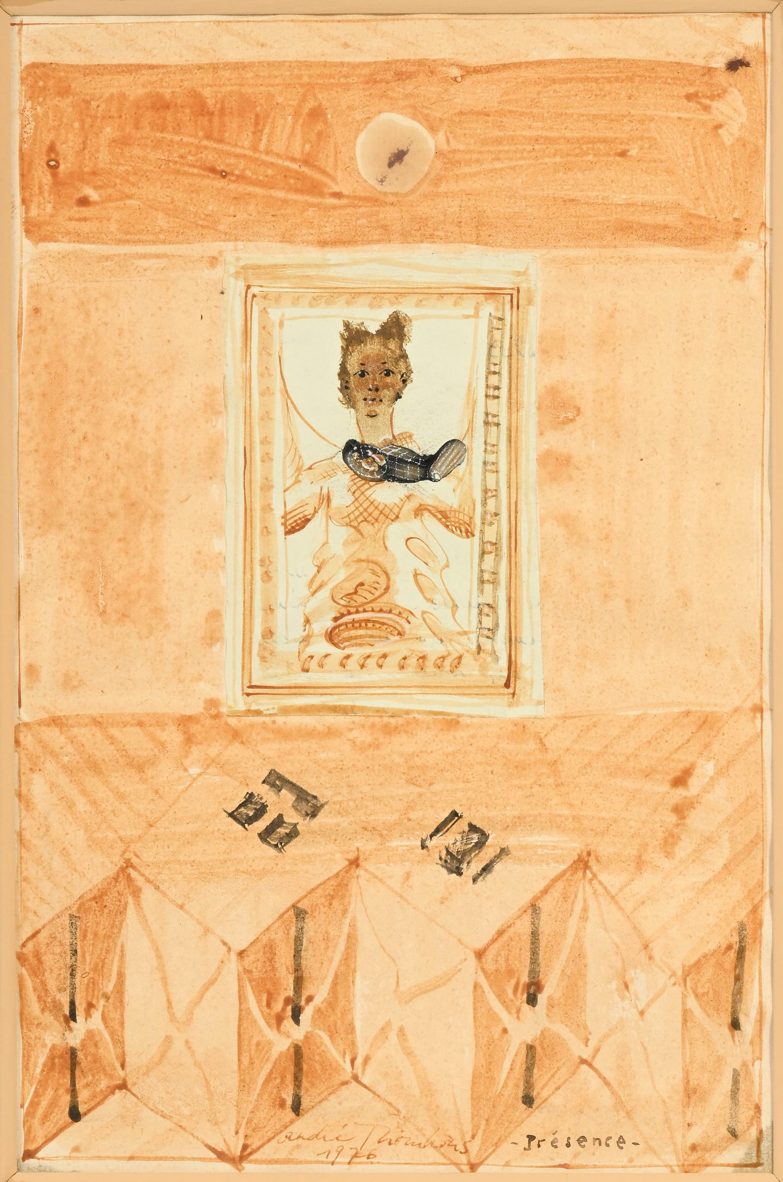 André Thomkins (1930-1985), "Présence", 1976, collage et technique mixte (encre, lavis et : André Thomkins (1930-1985), "Présence", 1976, collage et technique mixte (encre, lavis et gouache) sur papier, signé, daté et titré, 26,5x17,5 cm (à vue) Au verso: é
