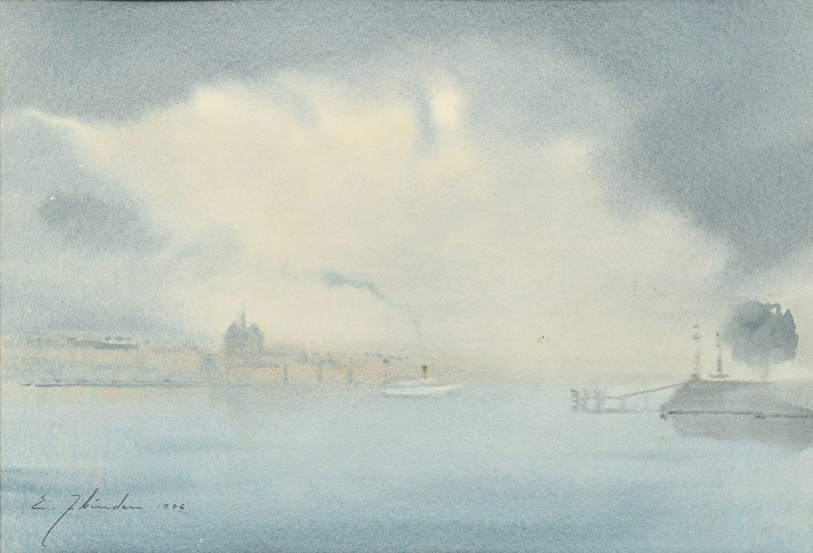 Ellis Zbinden (1921-2019), Vue du lac dans la brume, 1976, aquarelle sur papier, signée et dat&: Ellis Zbinden (1921-2019), Vue du lac dans la brume, 1976, aquarelle sur papier, signée et datée, 31,5x46,5 cm (à vue)