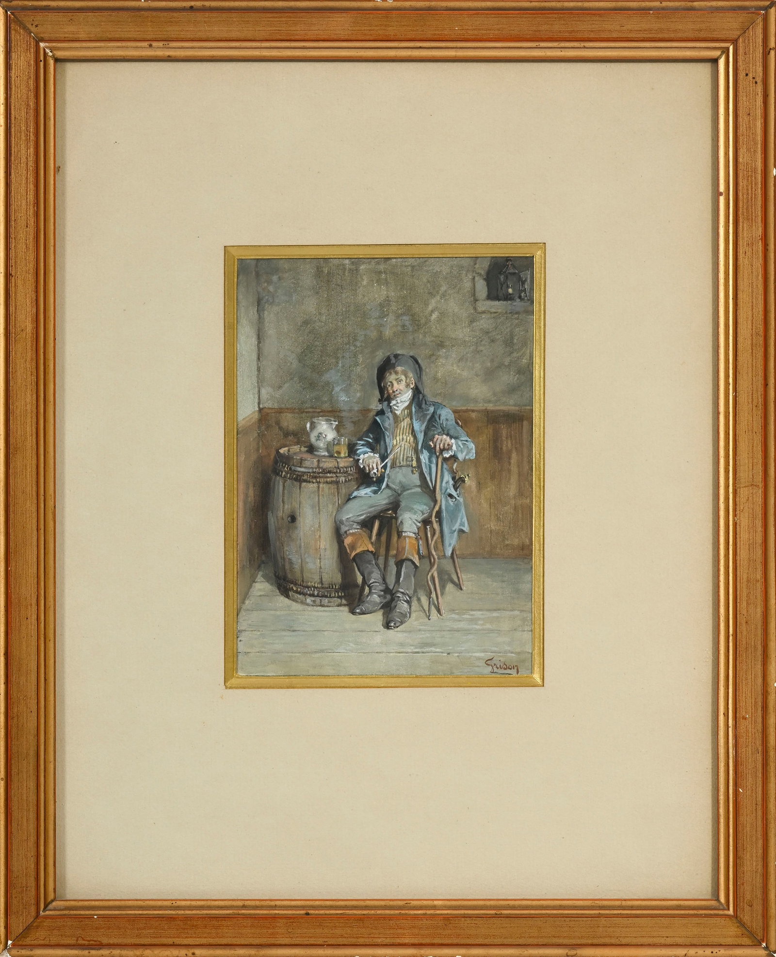 François-Adolphe Grison (1845-1914), Le fumeur de pipe, gouache sur papier, signée, 17x12  - 2