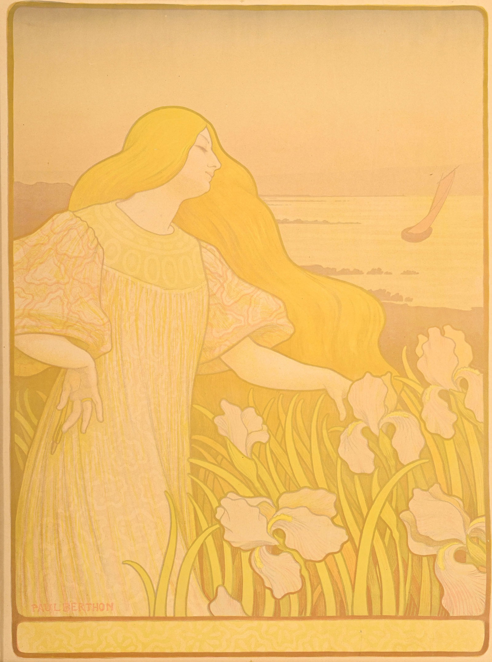 Paul Berthon (1872-1934), d'après, "Femme aux iris", lithographie couleurs, 81,5x60,5 cm (à: Paul Berthon (1872-1934), d'après, "Femme aux iris", lithographie couleurs, 81,5x60,5 cm (à vue) Condition Feuille insolée Affiche contrecollée sur la totalité de sa surfac