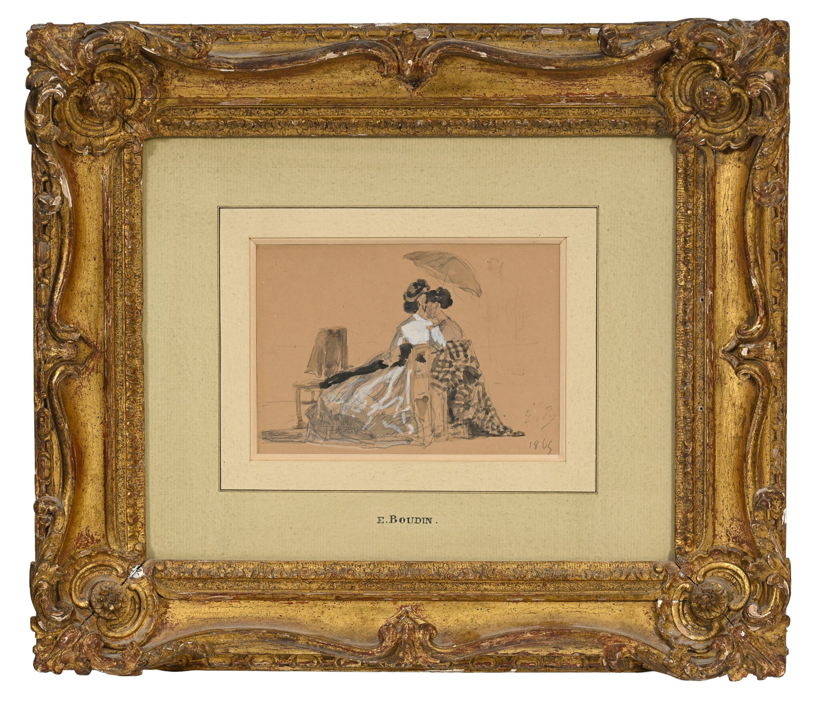 Eugène Boudin (1824-1898), Couple de femmes à la plage, 1865, lavis gris rehaussé de  - 2