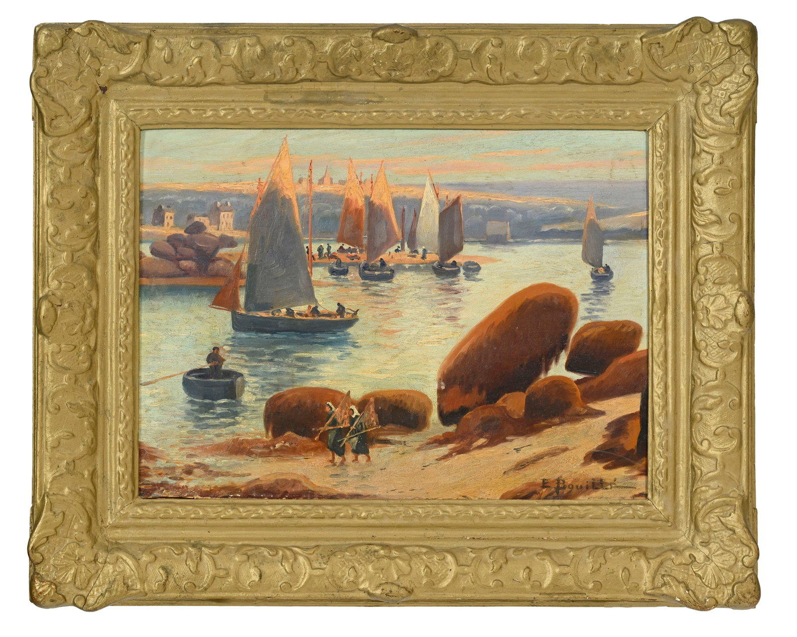Étienne Bouillé (1858-1933), Scène de port animée, huile sur panneau, signé - 2