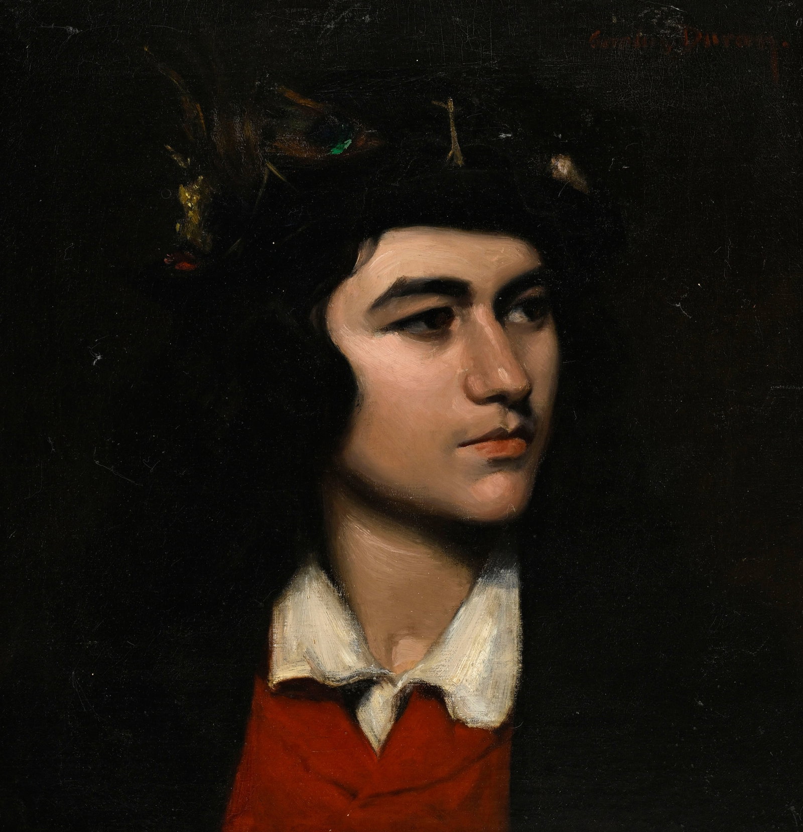 Emile Auguste Carolus-Duran (1837-1917), Portrait d'un jeune homme au chapeau à plumes, huile s: Emile Auguste Carolus-Duran (1837-1917), Portrait d'un jeune homme au chapeau à plumes, huile sur toile, signée, 43,5x42 cm