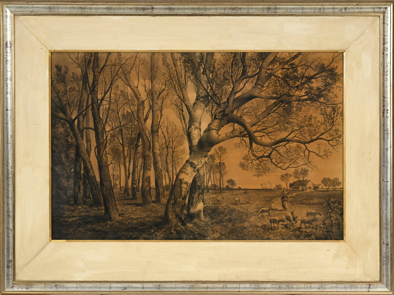 Joseph Colla (1841-?), Bergère et son troupeau, 1890, pierre noire sur papier, signée et d - 2