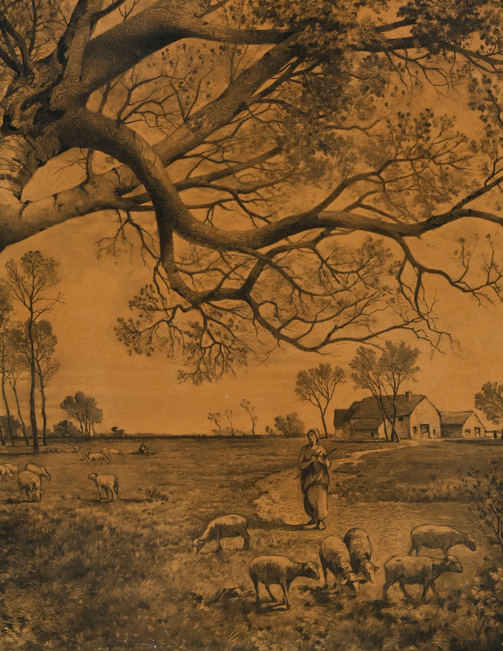 Joseph Colla (1841-?), Bergère et son troupeau, 1890, pierre noire sur papier, signée et d - 3