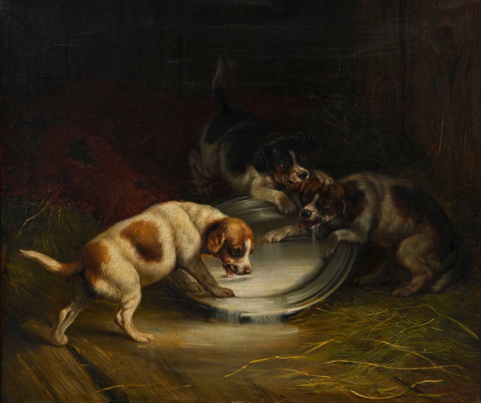Joseph Denovan Adam (1842-1896), Trois chiens s'abreuvant, 1884, huile sur toile, signée et dat: Joseph Denovan Adam (1842-1896), Trois chiens s'abreuvant, 1884, huile sur toile, signée et datée, 62,5x74 cm Provenance: Famille Schlote, Göttingen, Basse-Saxe; Collection du Dr Karl