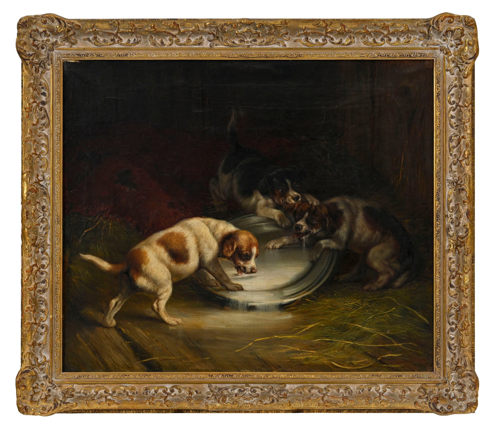 Joseph Denovan Adam (1842-1896), Trois chiens s'abreuvant, 1884, huile sur toile, signée et dat - 2