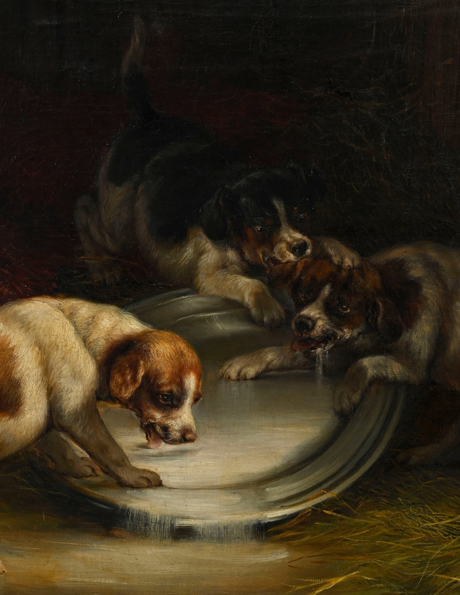 Joseph Denovan Adam (1842-1896), Trois chiens s'abreuvant, 1884, huile sur toile, signée et dat - 3