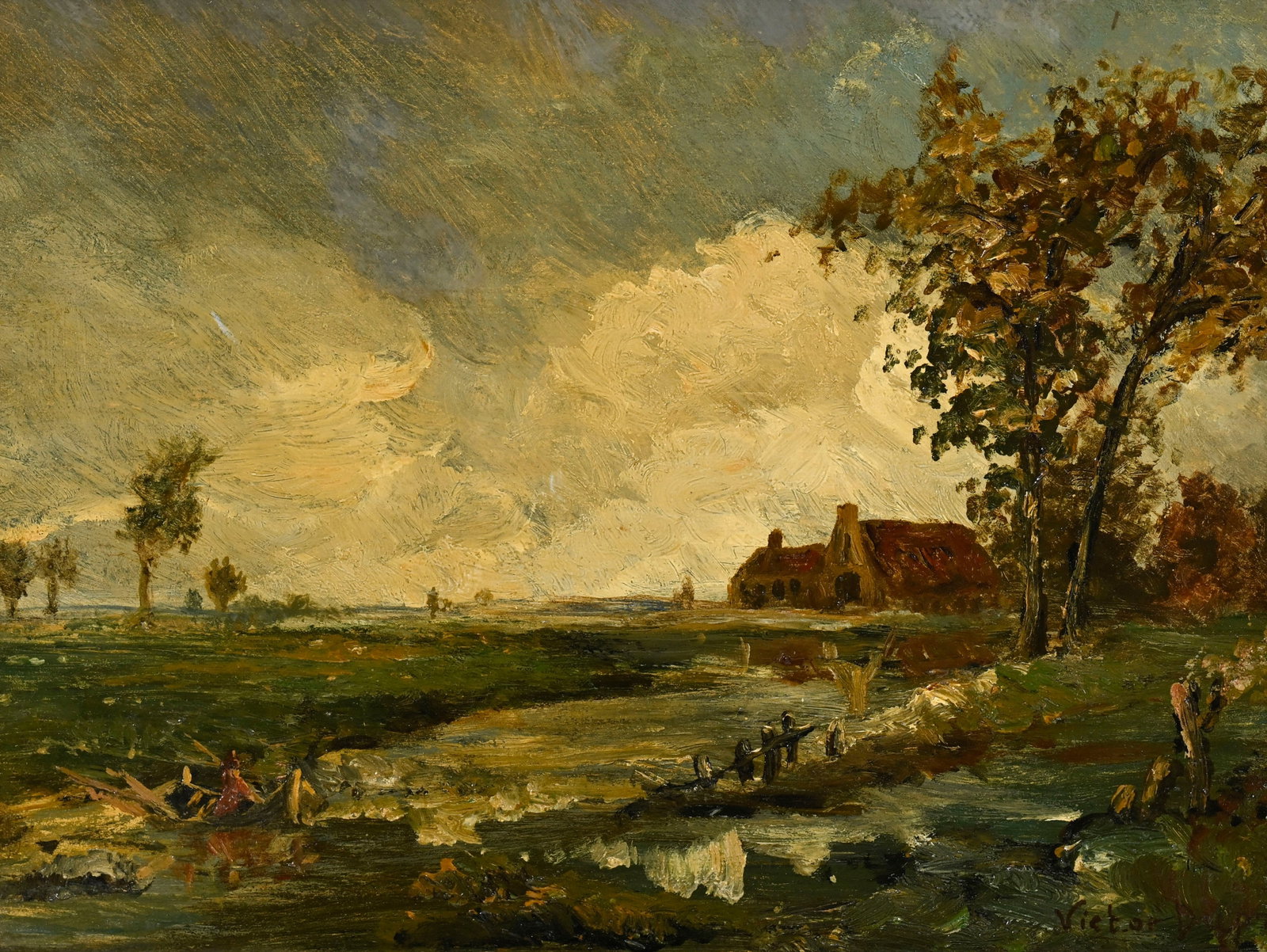 Léon Victor Dupré (1816-1879), Paysage de ferme, huile sur panneau, signée, 19x27 cm : Léon Victor Dupré (1816-1879), Paysage de ferme, huile sur panneau, signée, 19x27 cm Provenance: Famille Schlote, Göttingen, Basse-Saxe; Collection du Dr Karl Schlote, Eschwege, He