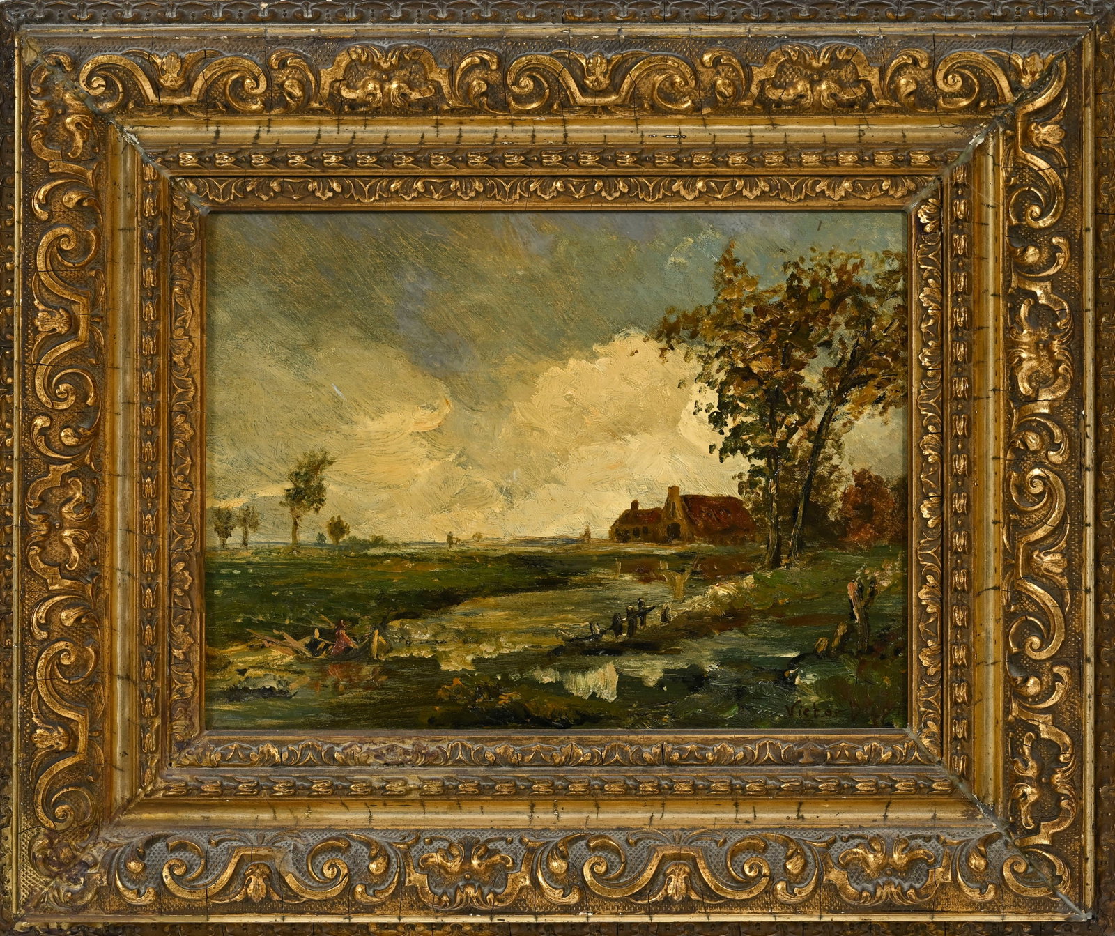 Léon Victor Dupré (1816-1879), Paysage de ferme, huile sur panneau, signée, 19x27 cm  - 2